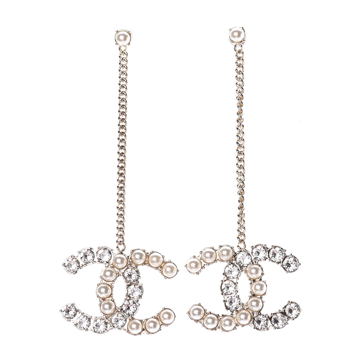 Chanel Crystal Pearl Dazzling Domino Drop Earrings Matte Gold 1 of 6