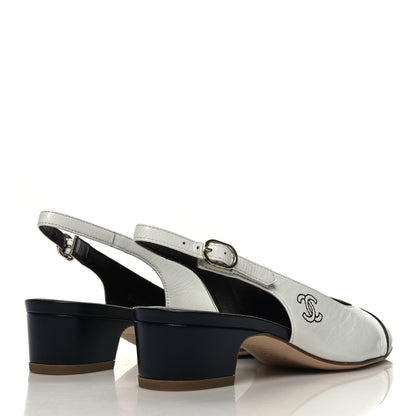 Chanel Calfskin Cap Toe CC Slingback Pumps 37.5 White Dark Navy 4 of 9