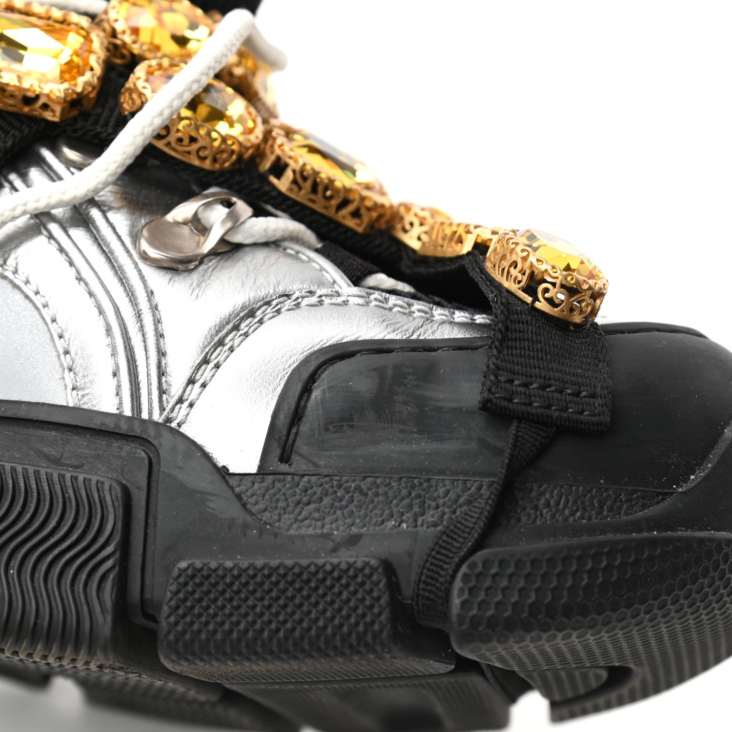 Gucci X SEGA Metallic Calfskin Mesh Removable Crystals Womens Flashtrek Sneakers 38 Silver Black 10 of 10