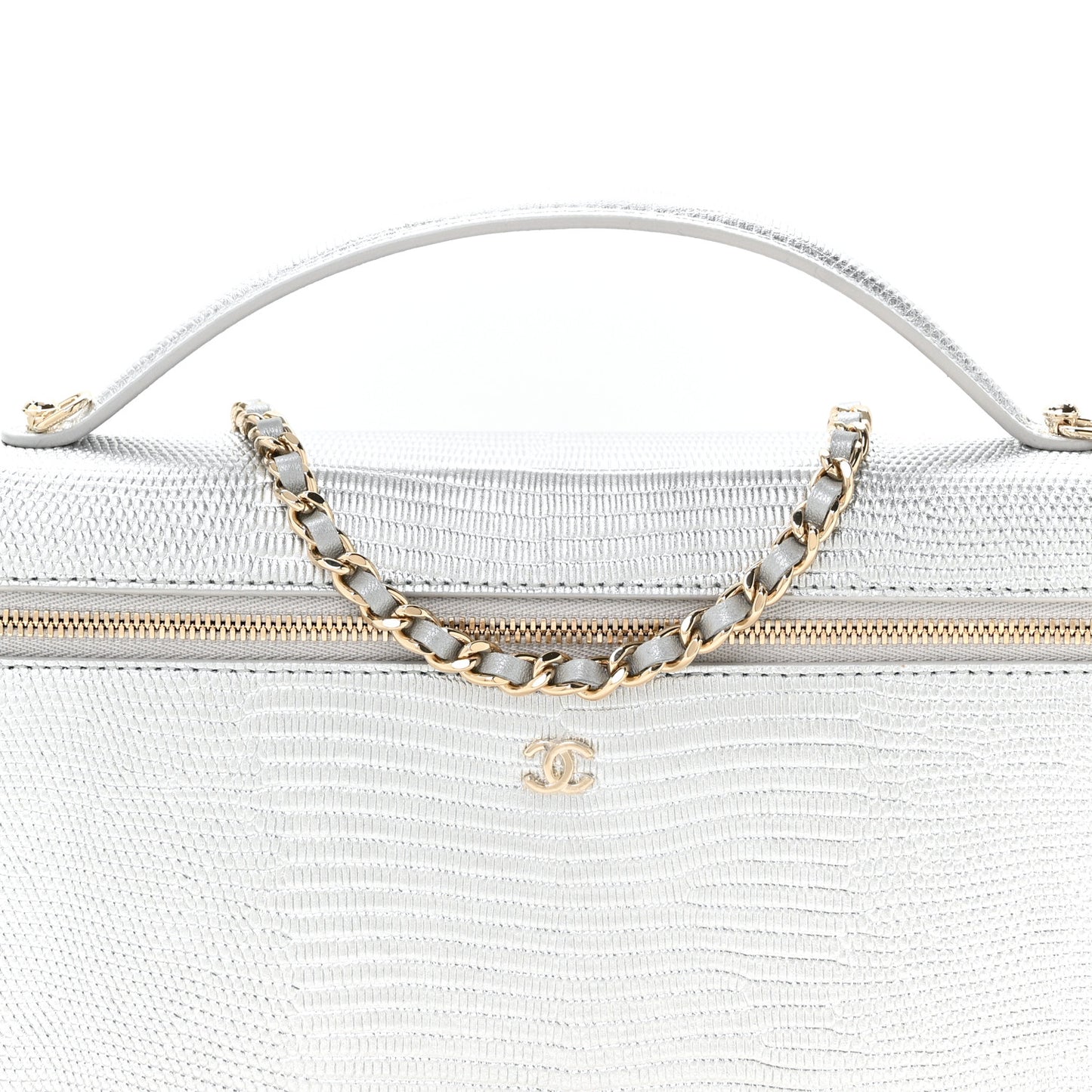 Lizard Embossed Top Handle Slim Vanity With Chain Silvery