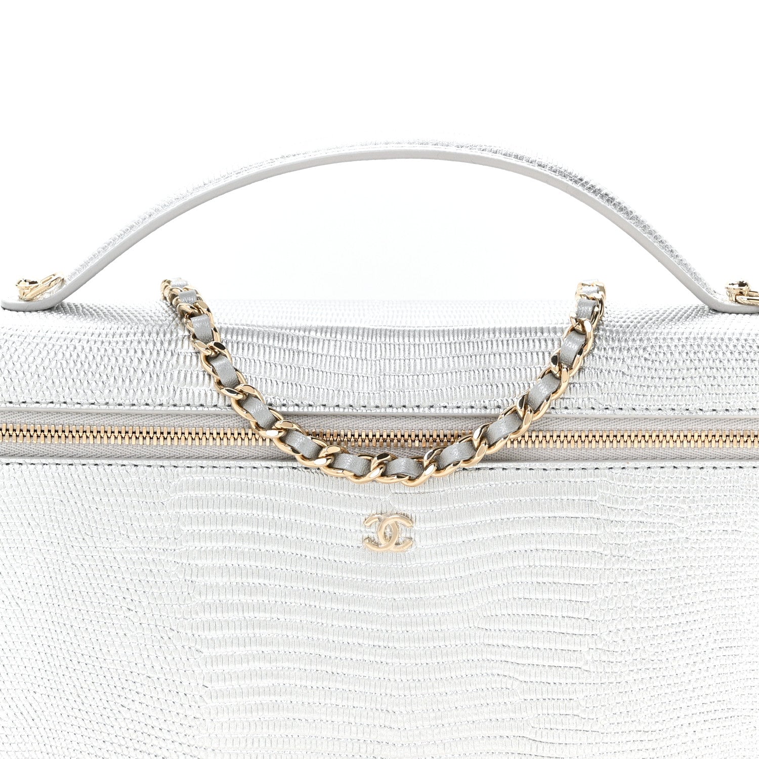 Chanel Lizard Embossed Top Handle Slim Vanity With Chain Silvery 8 of 11