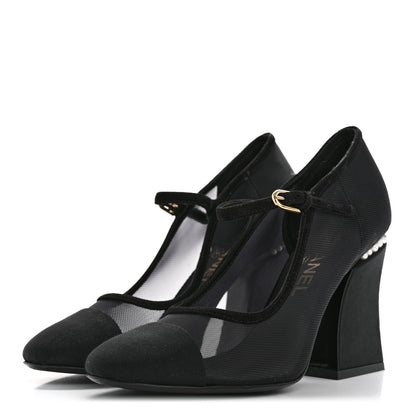 Chanel Mesh Suede Grosgrain Pearls Cap Toe Mary Jane Pumps  37.5 Black 4 of 14