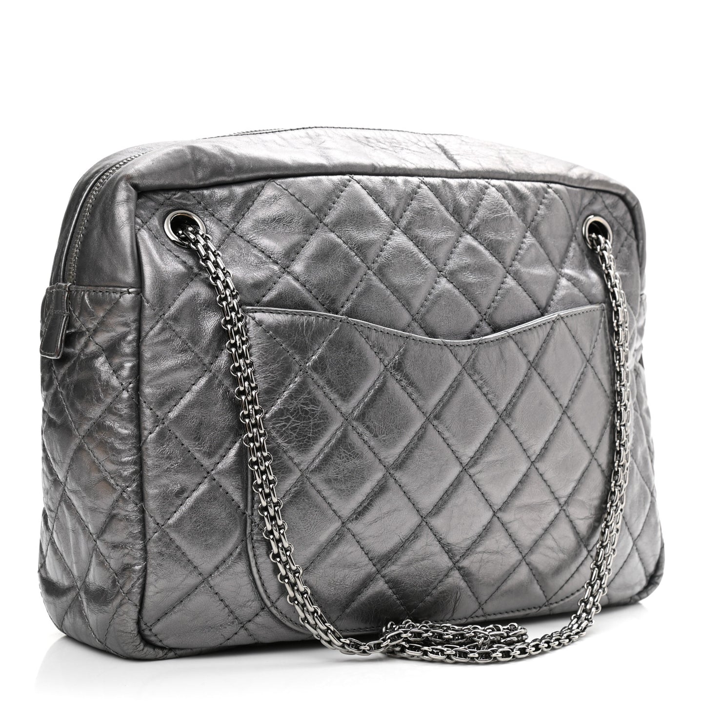 Metallic Aged Calfskin Quilted Large Reissue Camera Case Silver