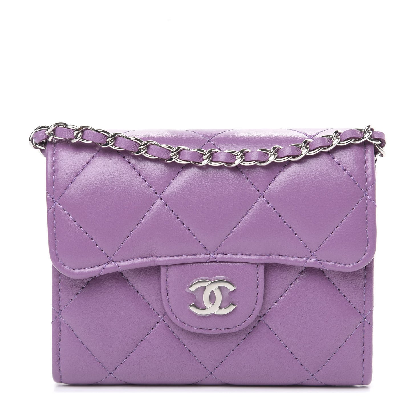 Lambskin Quilted Flap Card Holder On Chain Violet Purple