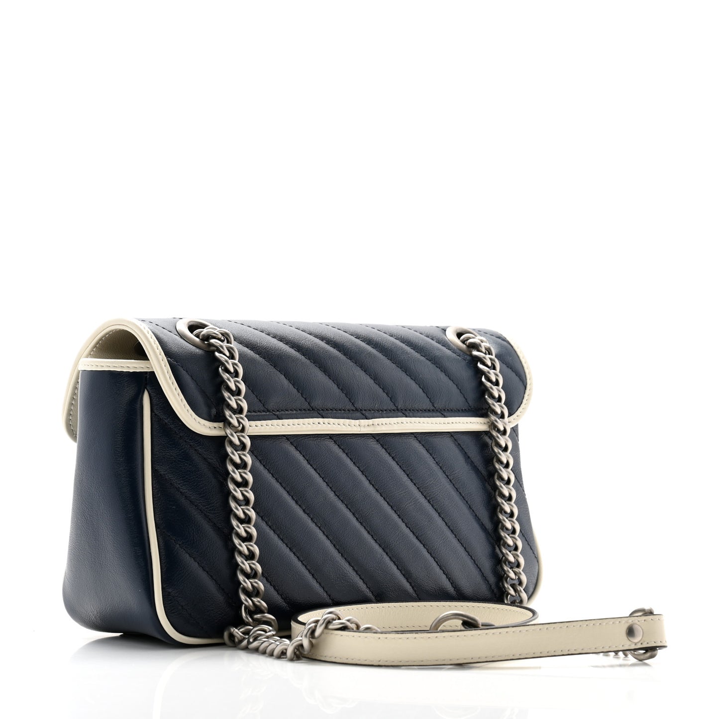 Vintage Effect Calfskin Matelasse Diagonal Small Torchon GG Marmont Shoulder Bag Blue Agata Mystic White