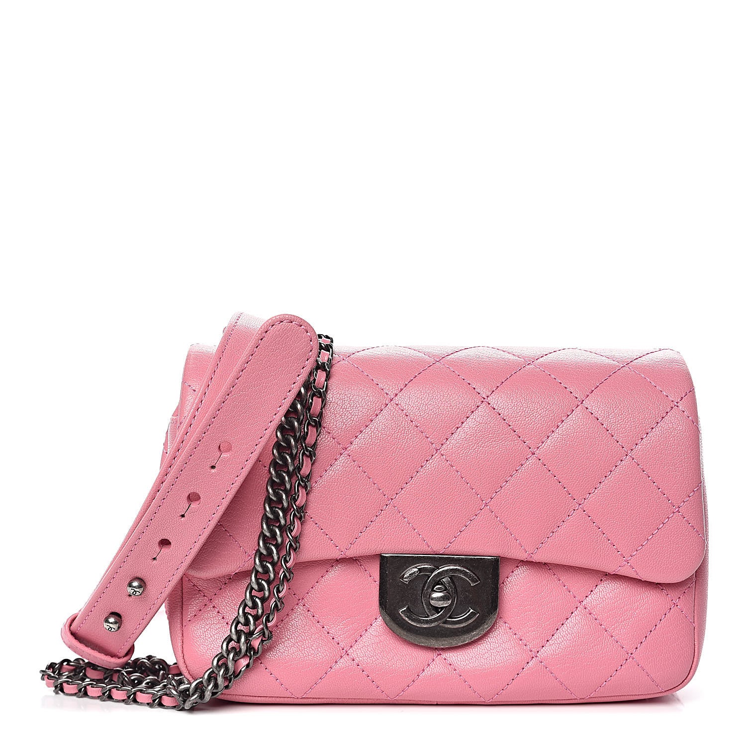 Chanel Shiny Goatskin Quilted Small Double Carry Waist Chain Flap Pink 1 of 13
