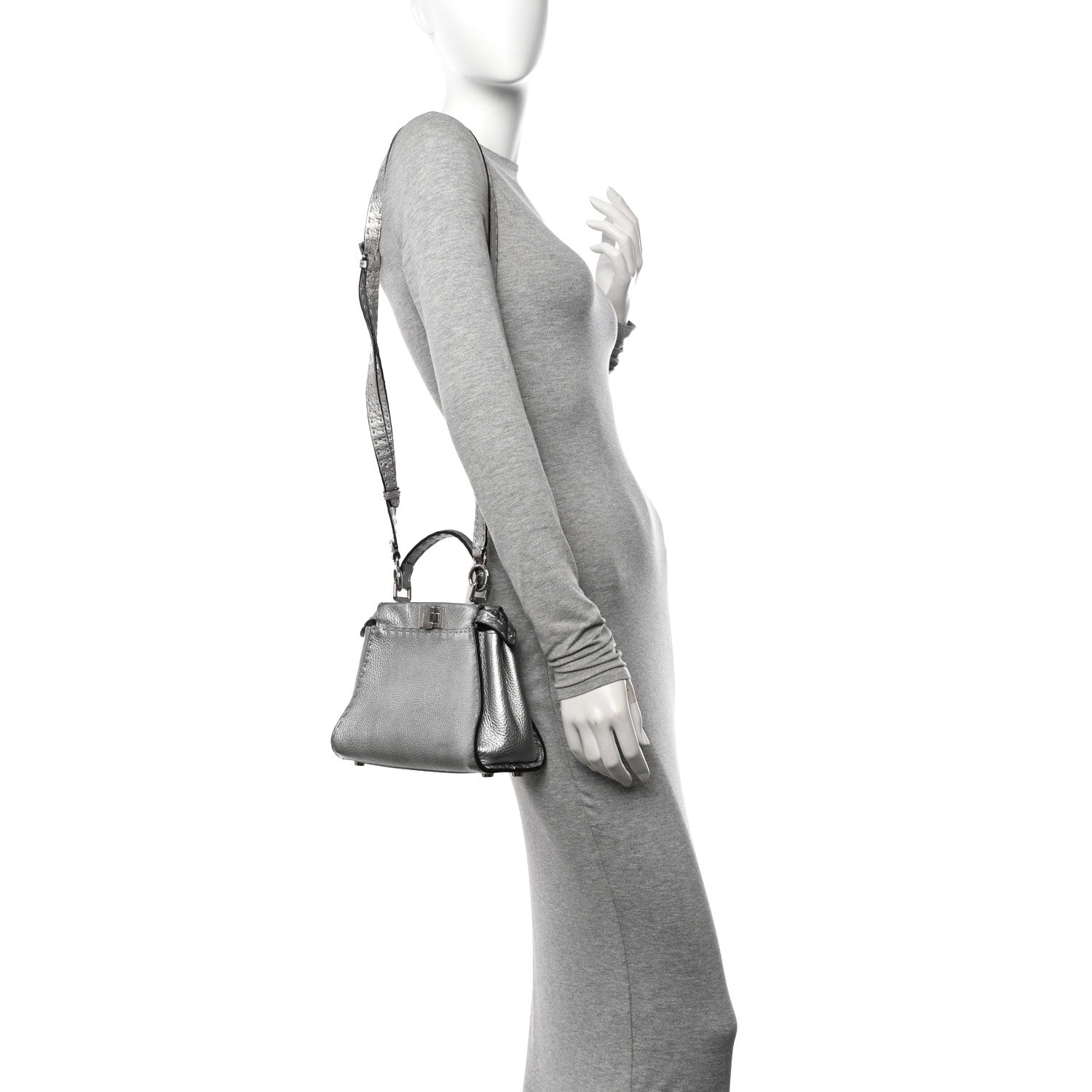 Fendi Cuoio Romano Lux Selleria Mini Peekaboo Iconic Satchel Argento 2 of 15