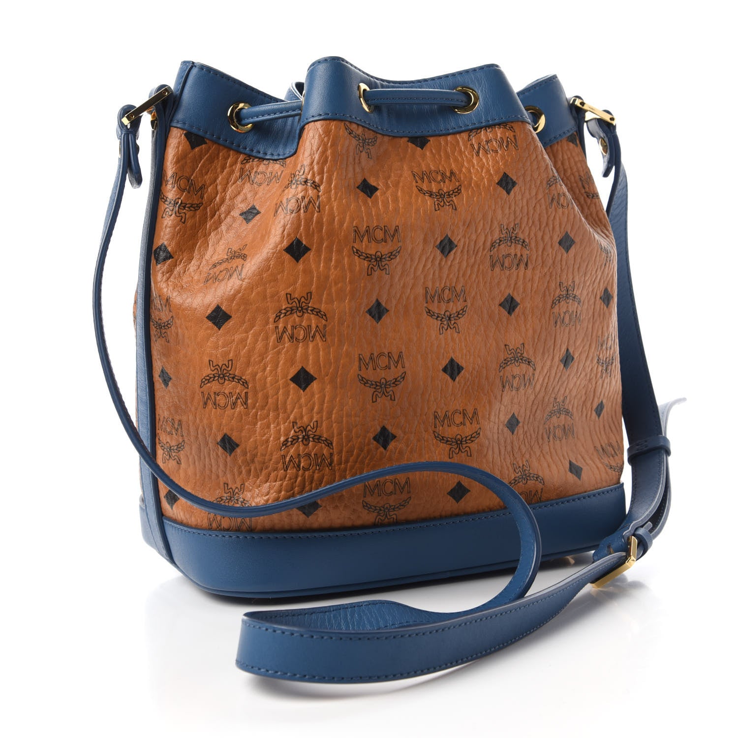 MCM Visetos Small Heritage Drawstring Bucket Bag Cognac Blue 3 of 10