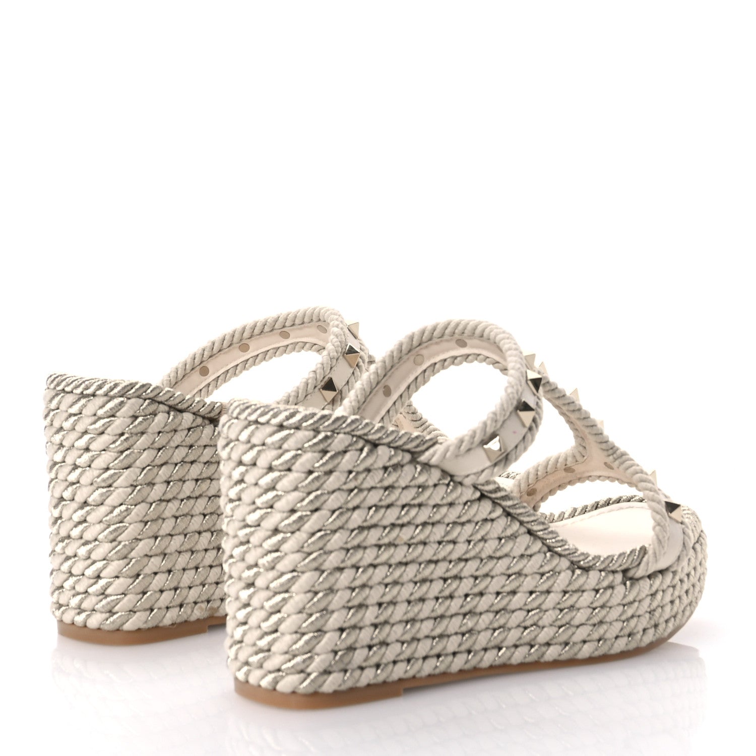 Valentino Garavani Calfskin Rockstud Torchon Espadrille Caged 25/95mm Wedge Sandals 38 Light Ivory 5 of 7