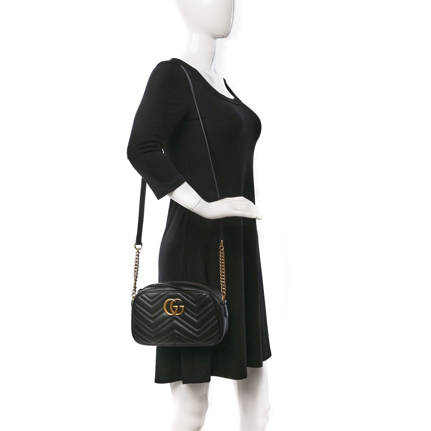 Gucci Calfskin Matelasse Small GG Marmont Chain Shoulder Bag Black 2 of 9