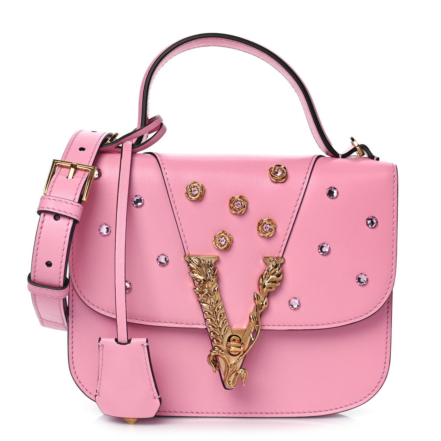 Vitello Barocco Crystal Virtus Small Top Handle Shoulder Bag Rosa