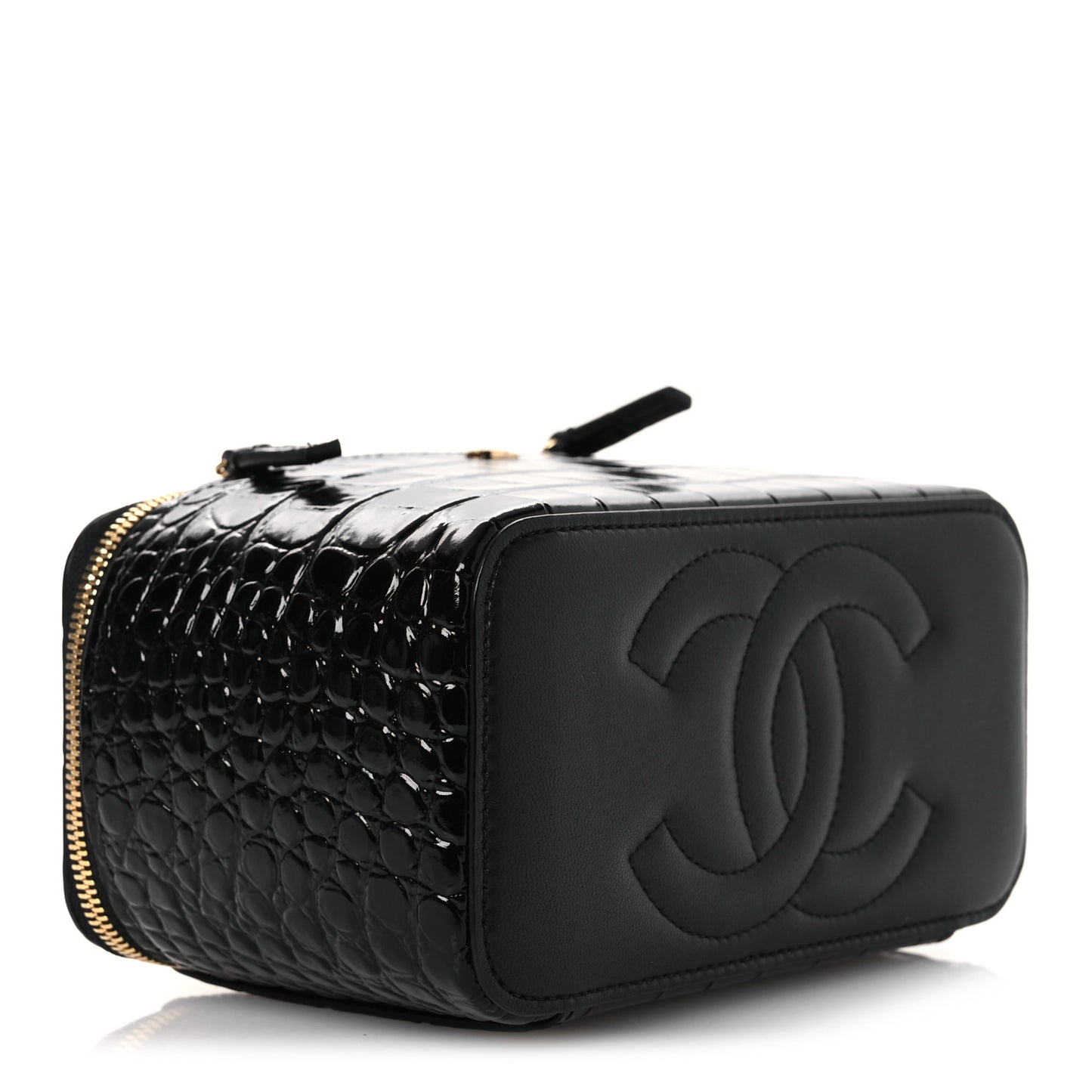 Calfskin Crocodile Embossed Crococo Small Top Handle Vanity Case With Chain Black