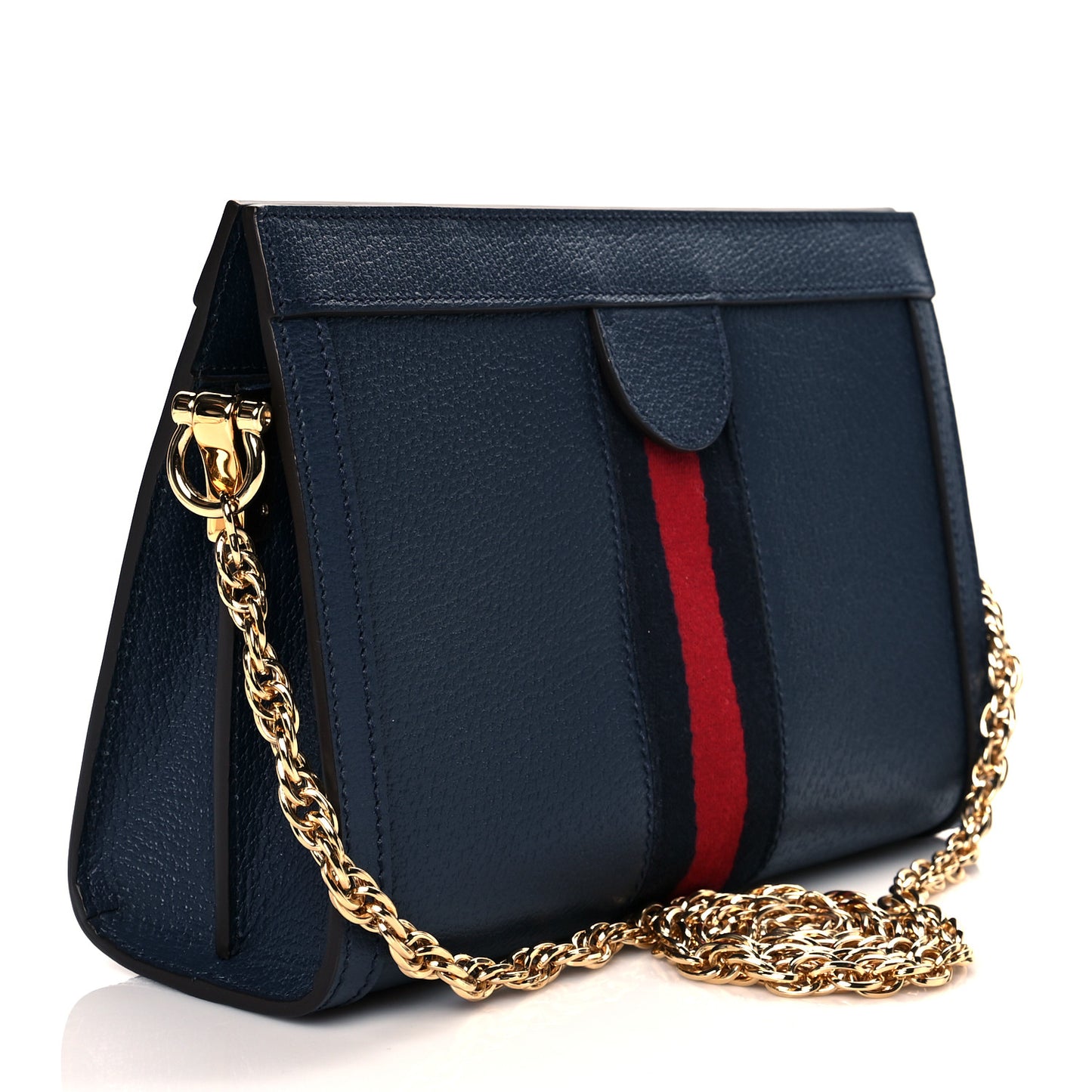 Textured Calfskin Web Small Ophidia Chain Shoulder Bag Blue Agata