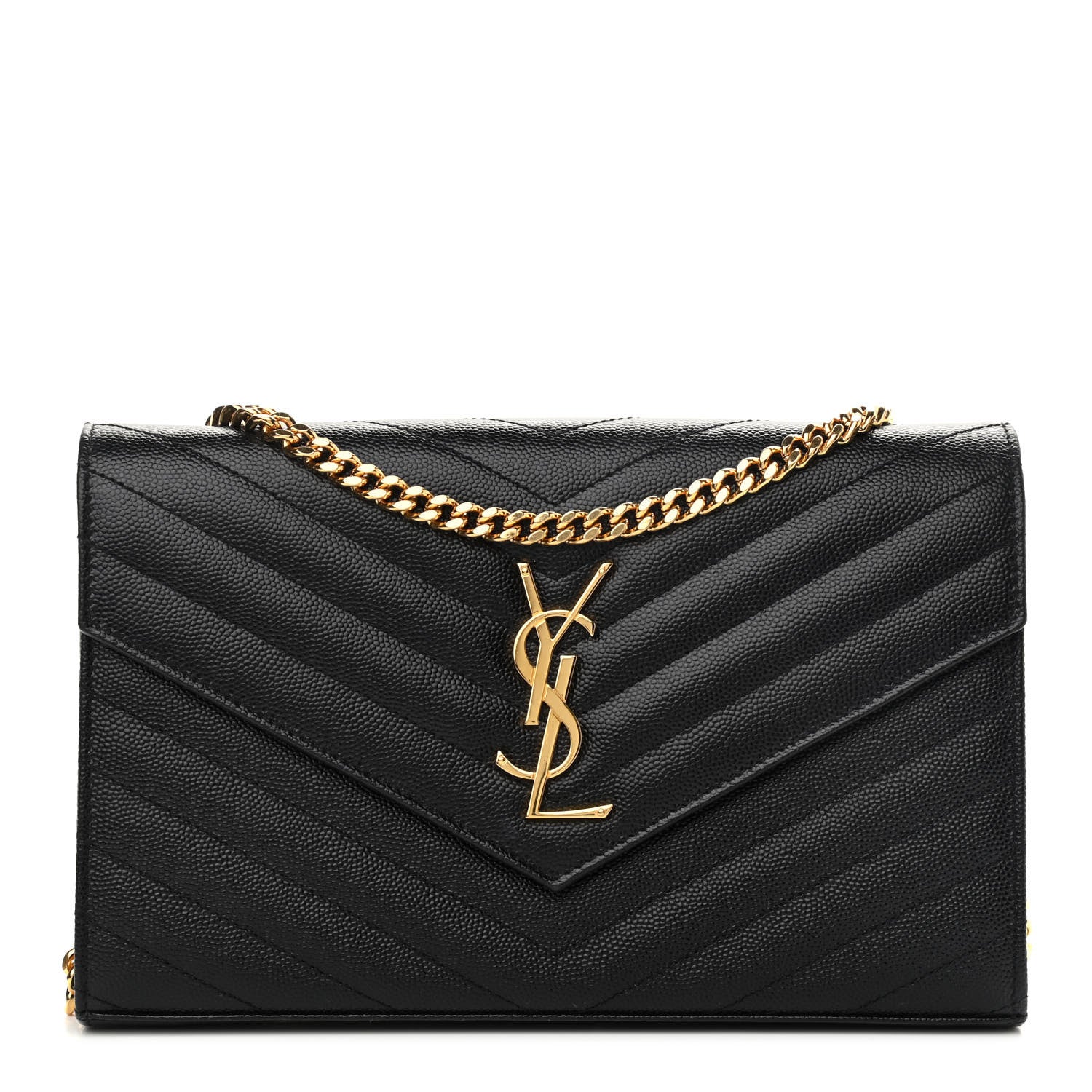 Saint Laurent Grain De Poudre Matelasse Chevron Monogram Chain Wallet Black 1 of 10