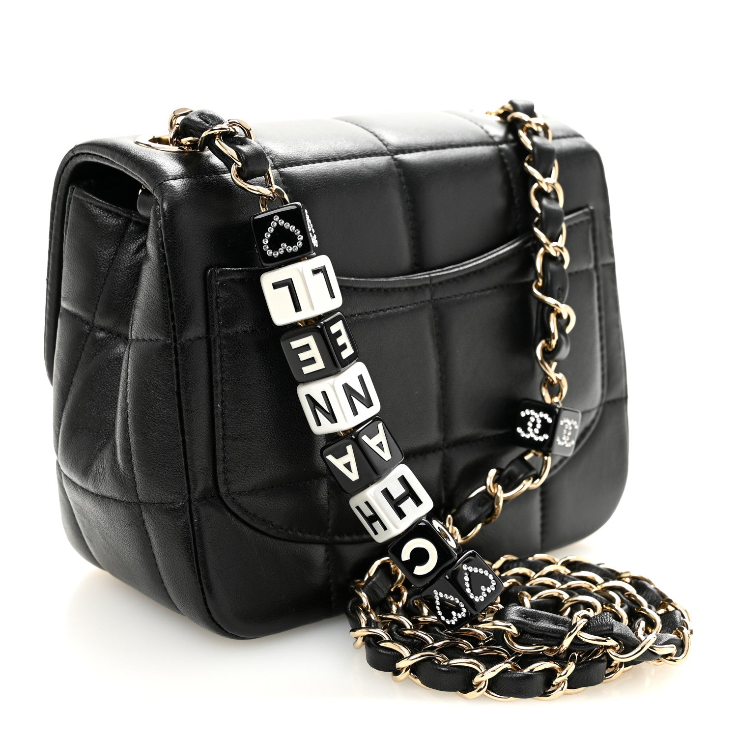CHANEL ブラック キルティング ミニバッグ Chanel Lambskin Resin Crystal Square Quilted Mini Monacoco Flap