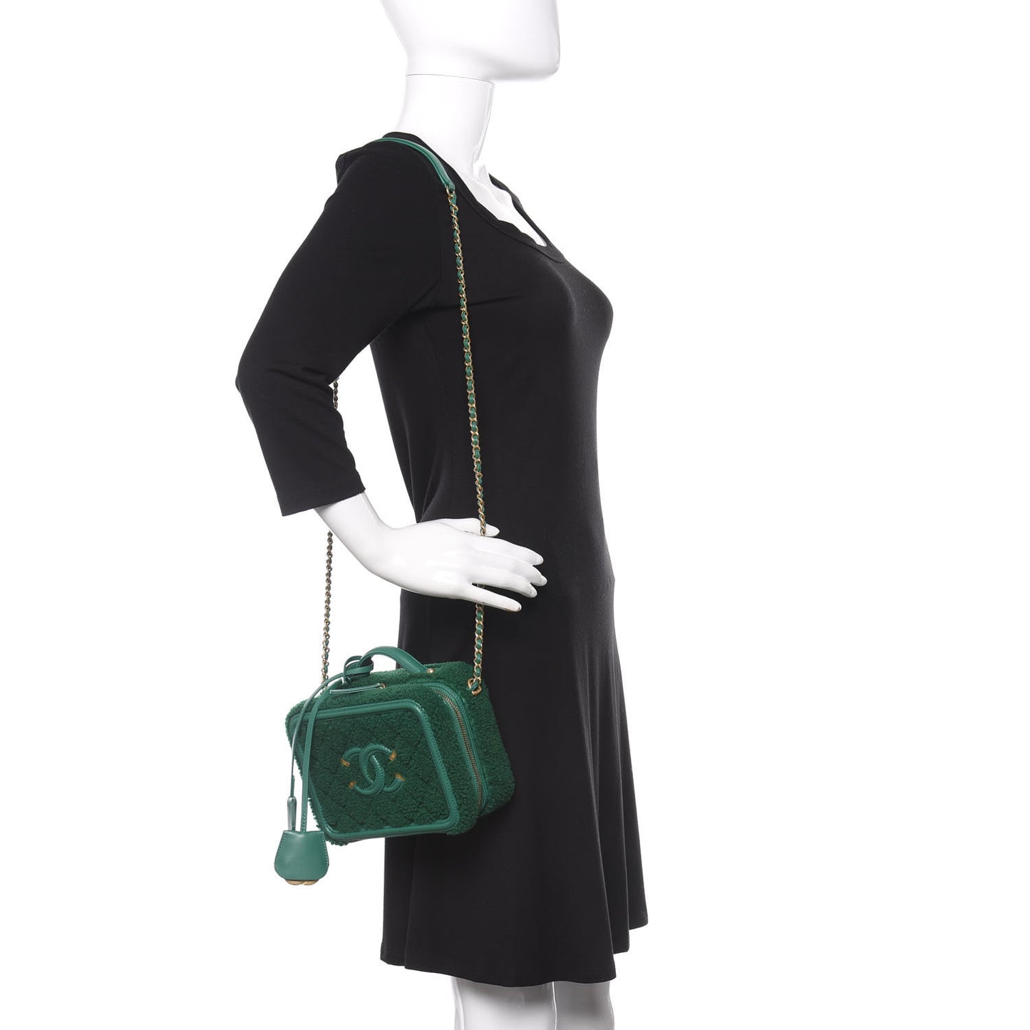 Lambskin Shearling Quilted Small CC Filigree Vanity Case Green