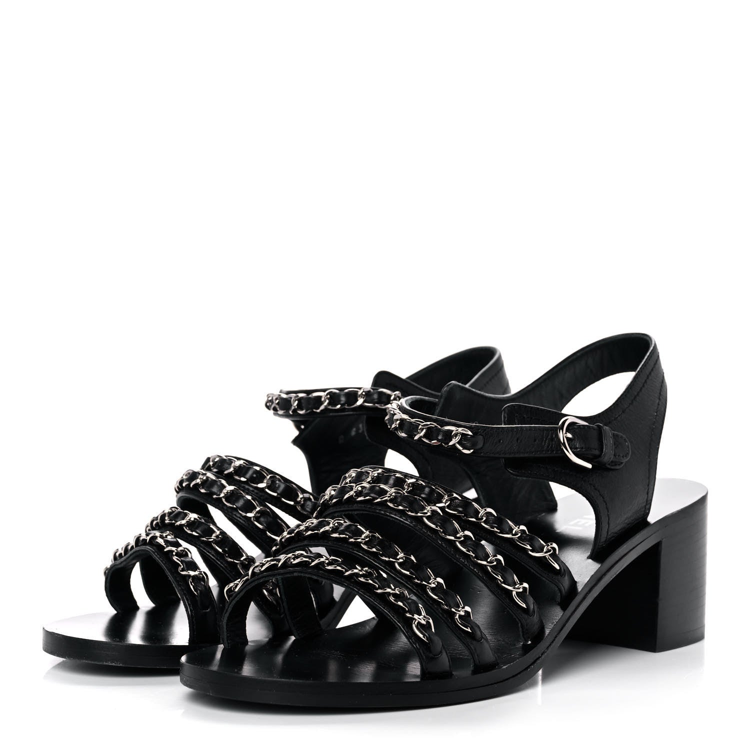 Chanel Calfskin Chain Sandals 37.5 Black 3 of 10