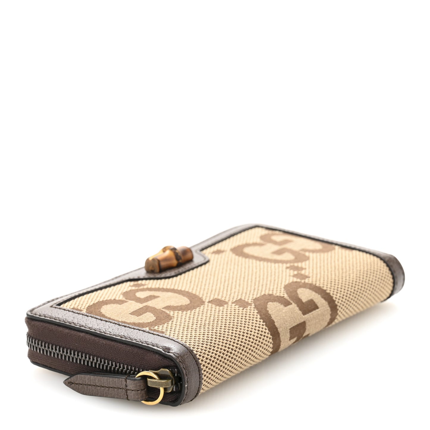 Monogram Jumbo GG Textured Dollar Calfskin Diana Zip Around Continental Wallet Camel Ebony New Acero