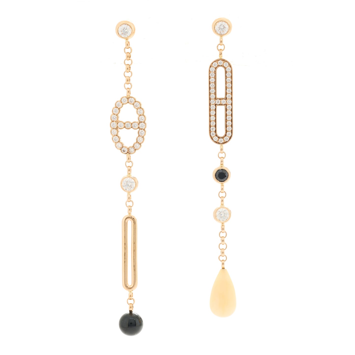18K Rose Gold Diamond Black Jade Pink Opal Chaine Chaos Drop Earrings