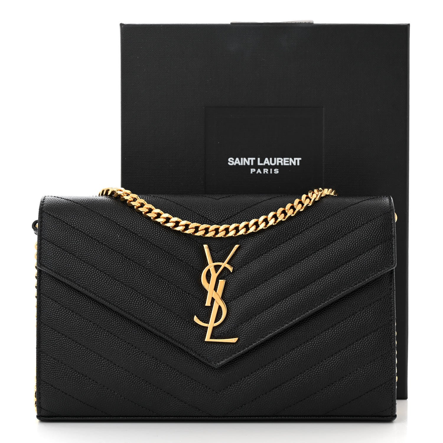Saint Laurent Grain De Poudre Matelasse Chevron Monogram Chain Wallet Black 14 of 14