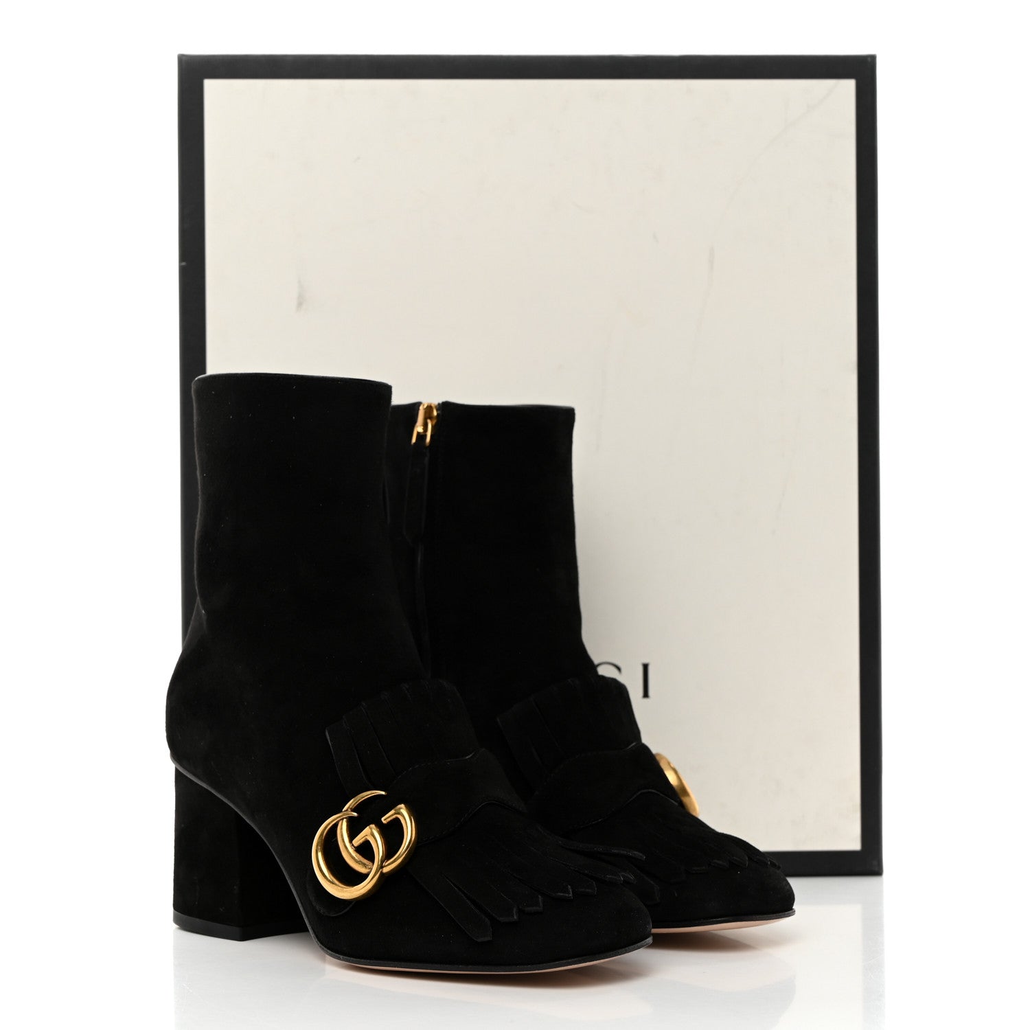 Gucci Kid Scamosciato GG Marmont Fringe 75mm Ankle Boots 35 Black 9 of 9
