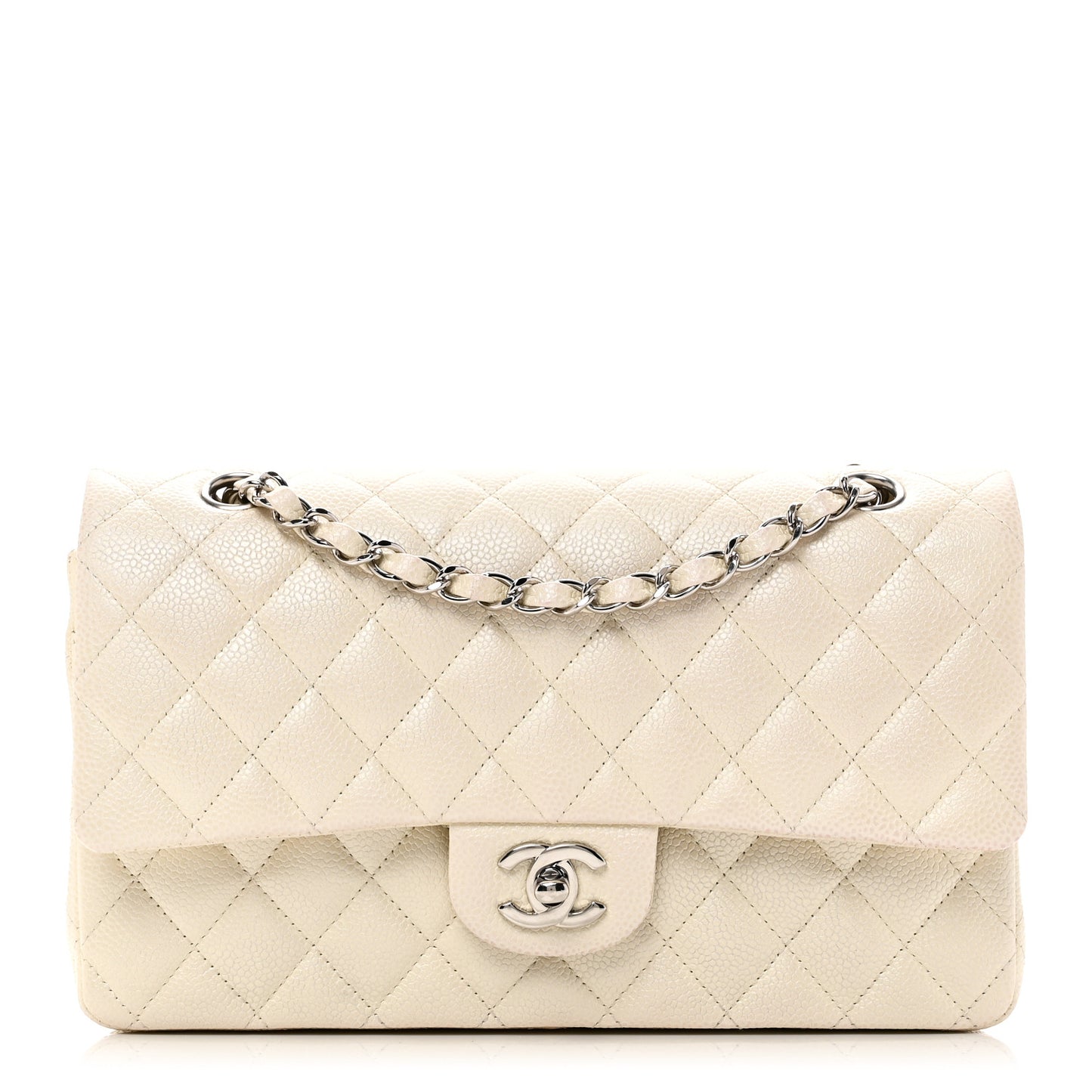 Iridescent Caviar Quilted Medium Double Flap White
