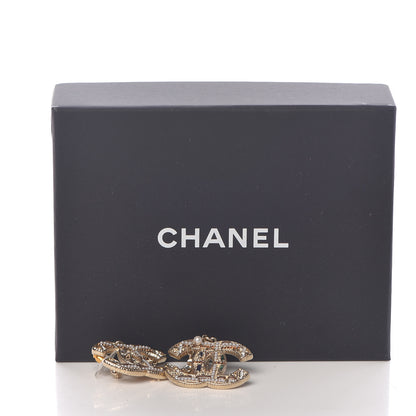 Chanel Pearl Crystal CC Tweed Drop Earrings Gold Brown Green 4 of 4