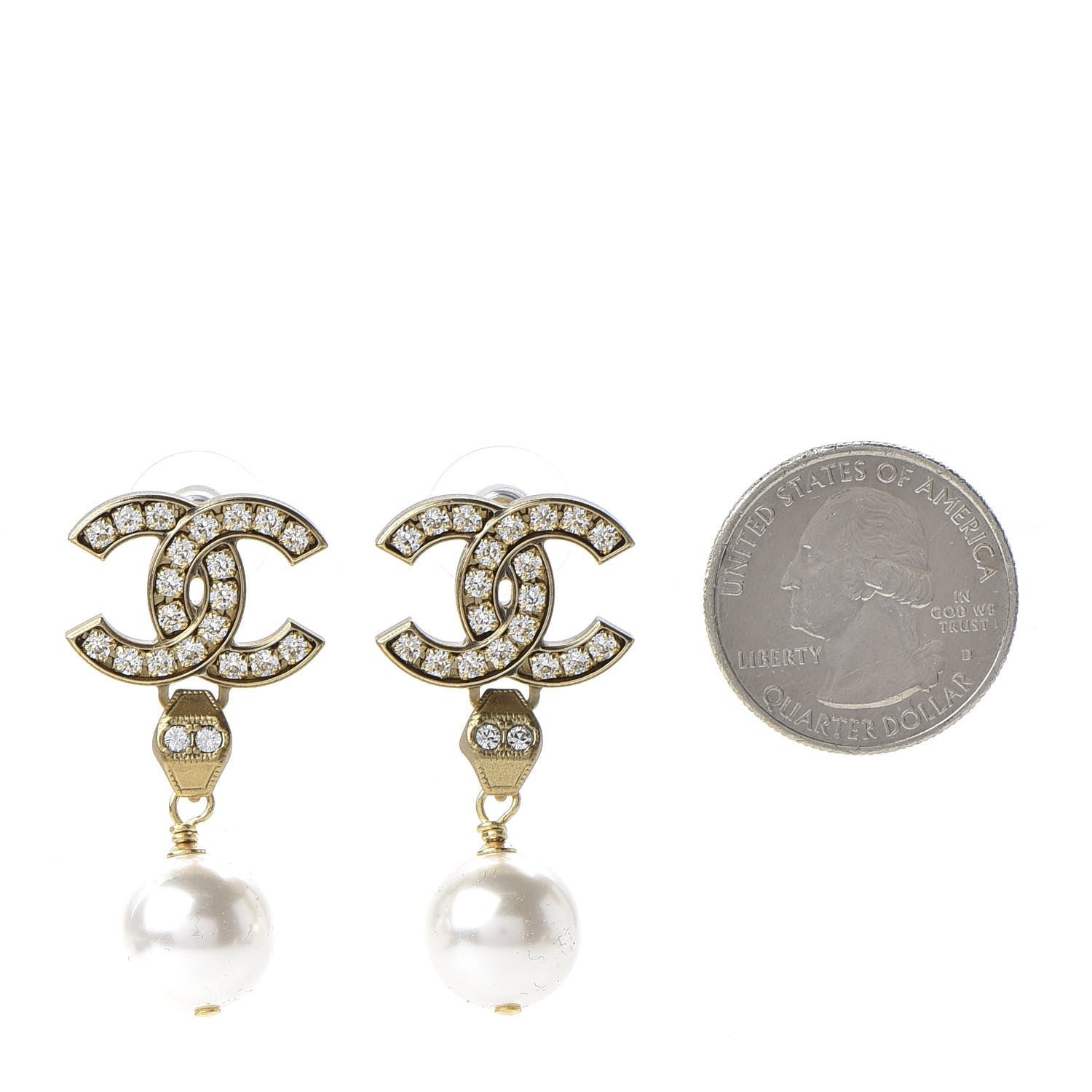 Chanel Crystal Pearl CC Drop Earrings Gold 2 of 5