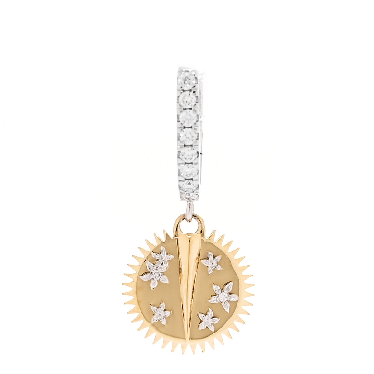Foundrae 18K Yellow White Gold Diamond Resilience Blossoms Medallion Hoop Single Earring 1 of 4