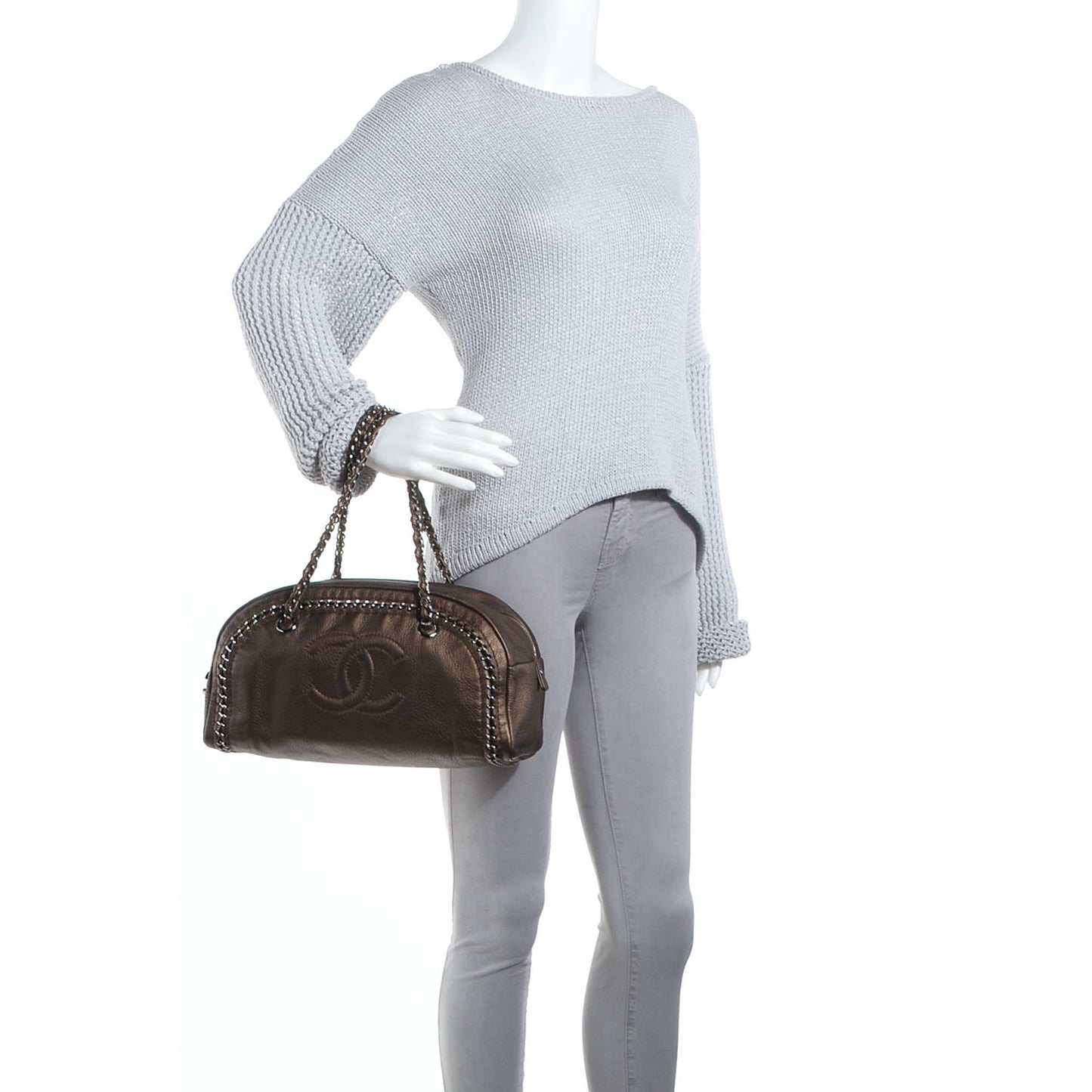 Deerskin Luxe Ligne Medium Bowler Tote Metallic Khaki