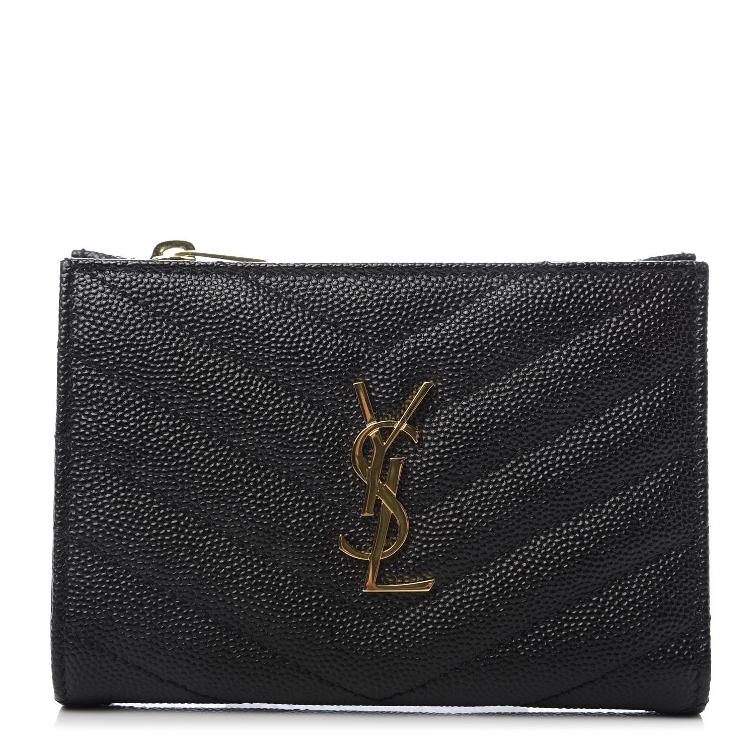 Saint Laurent Grain De Poudre Matelasse Chevron Monogram Zipped Two-Part Wallet Black 1 of 8