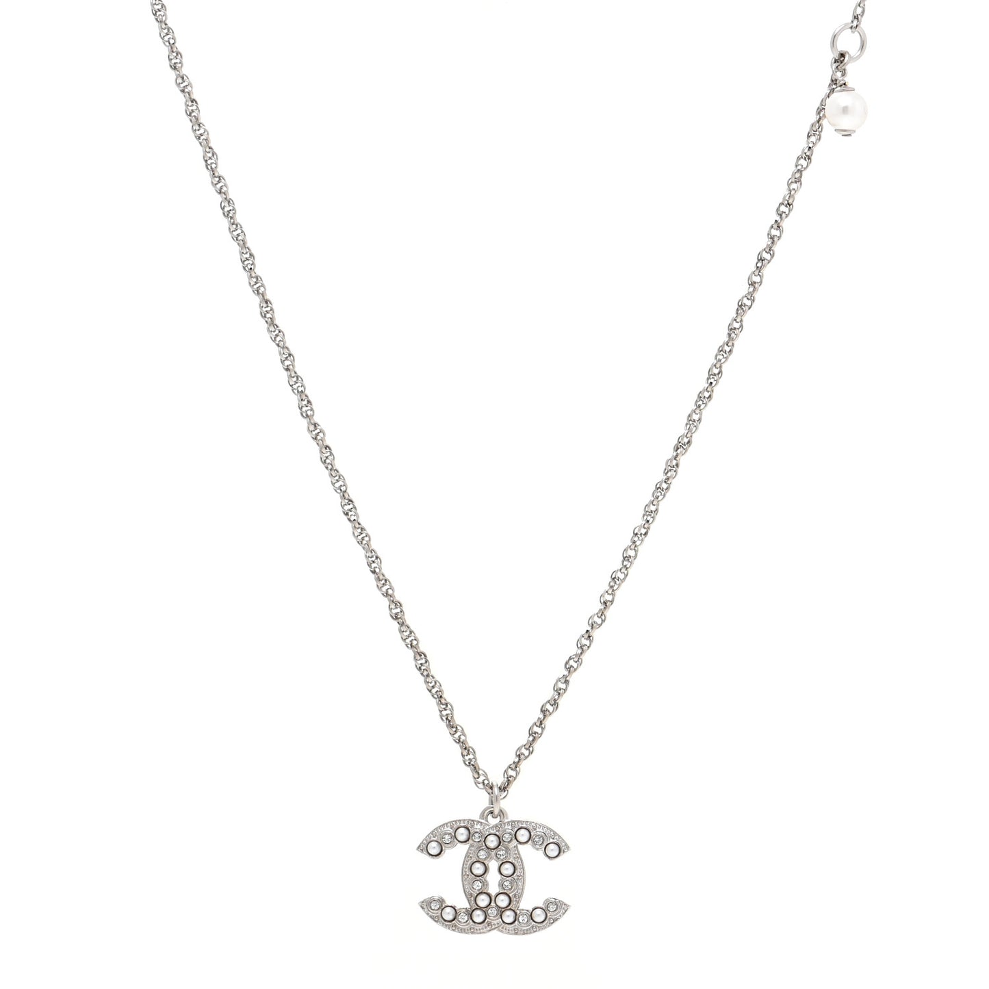 Pearl Crystal CC Pendant Necklace Silver