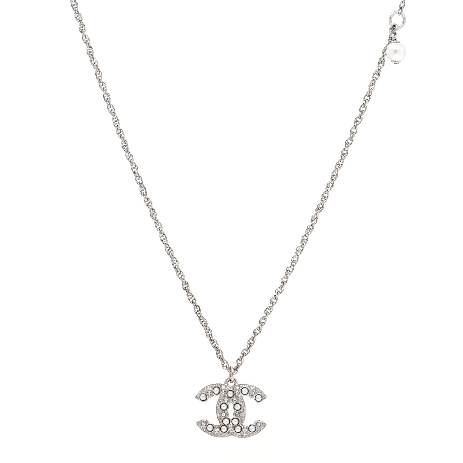 Chanel Pearl Crystal CC Pendant Necklace Silver 1 of 5