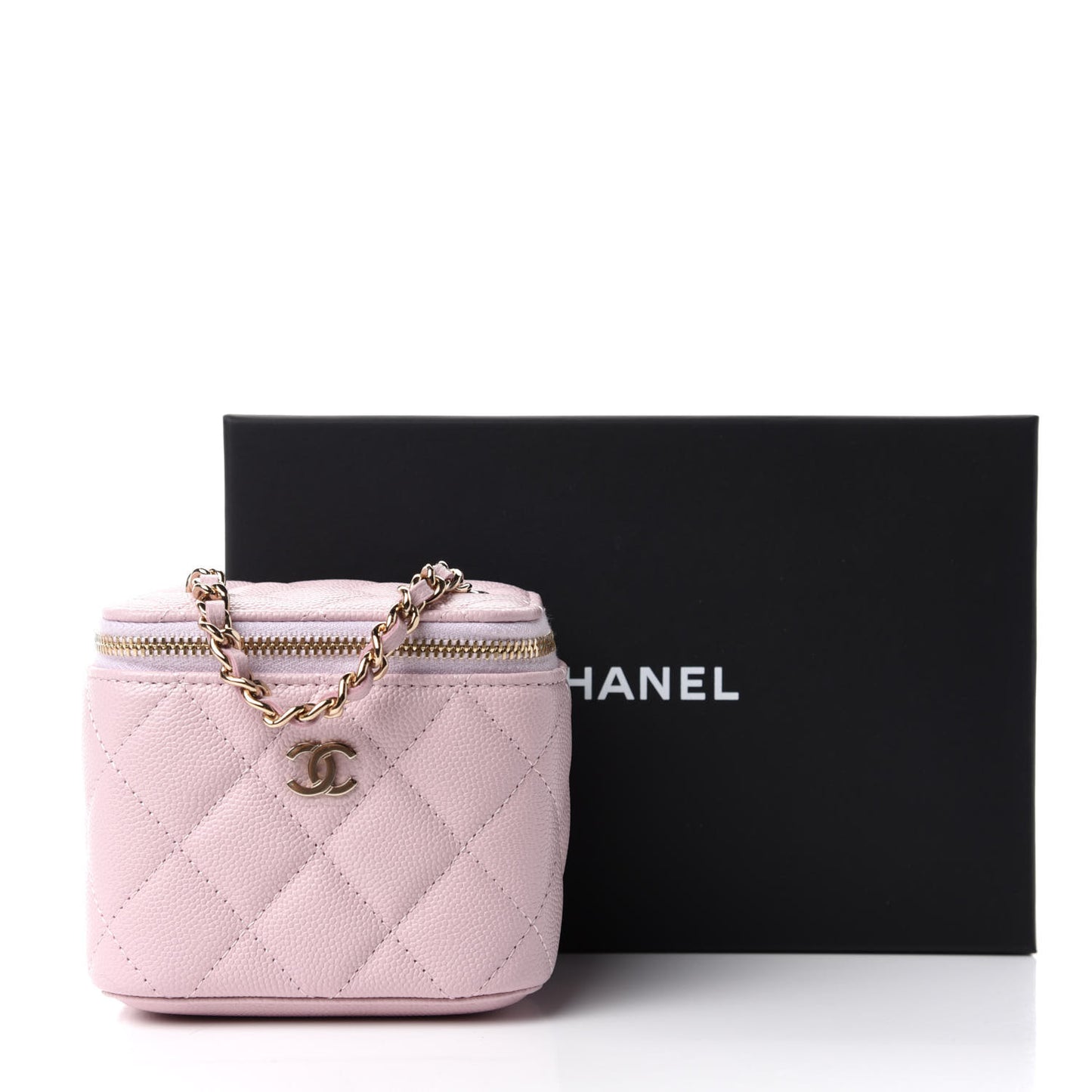 Caviar Quilted Mini Vanity Case With Chain Light Pink