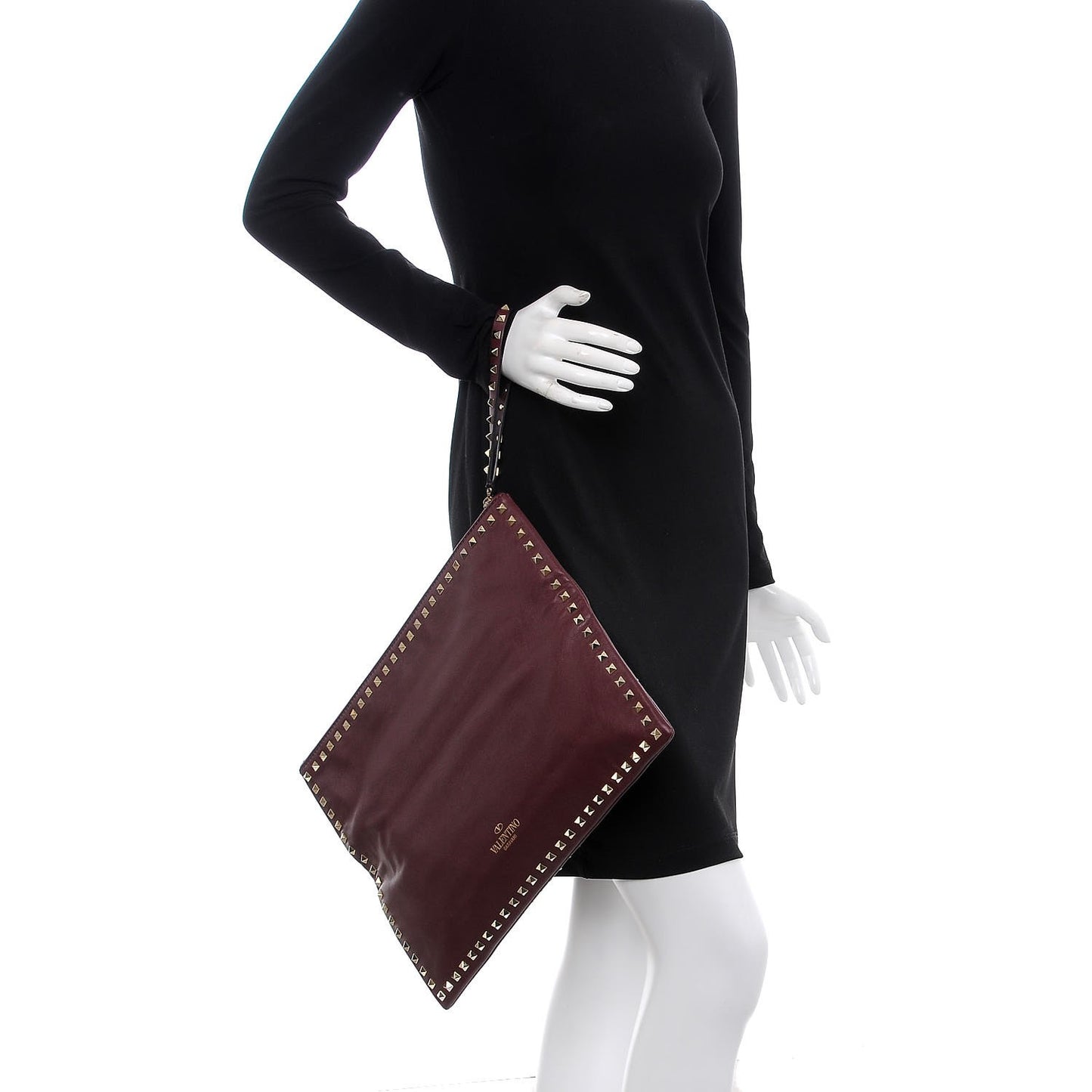 Vitello Oversized Rockstud Zip Wristlet Pouch Rubin