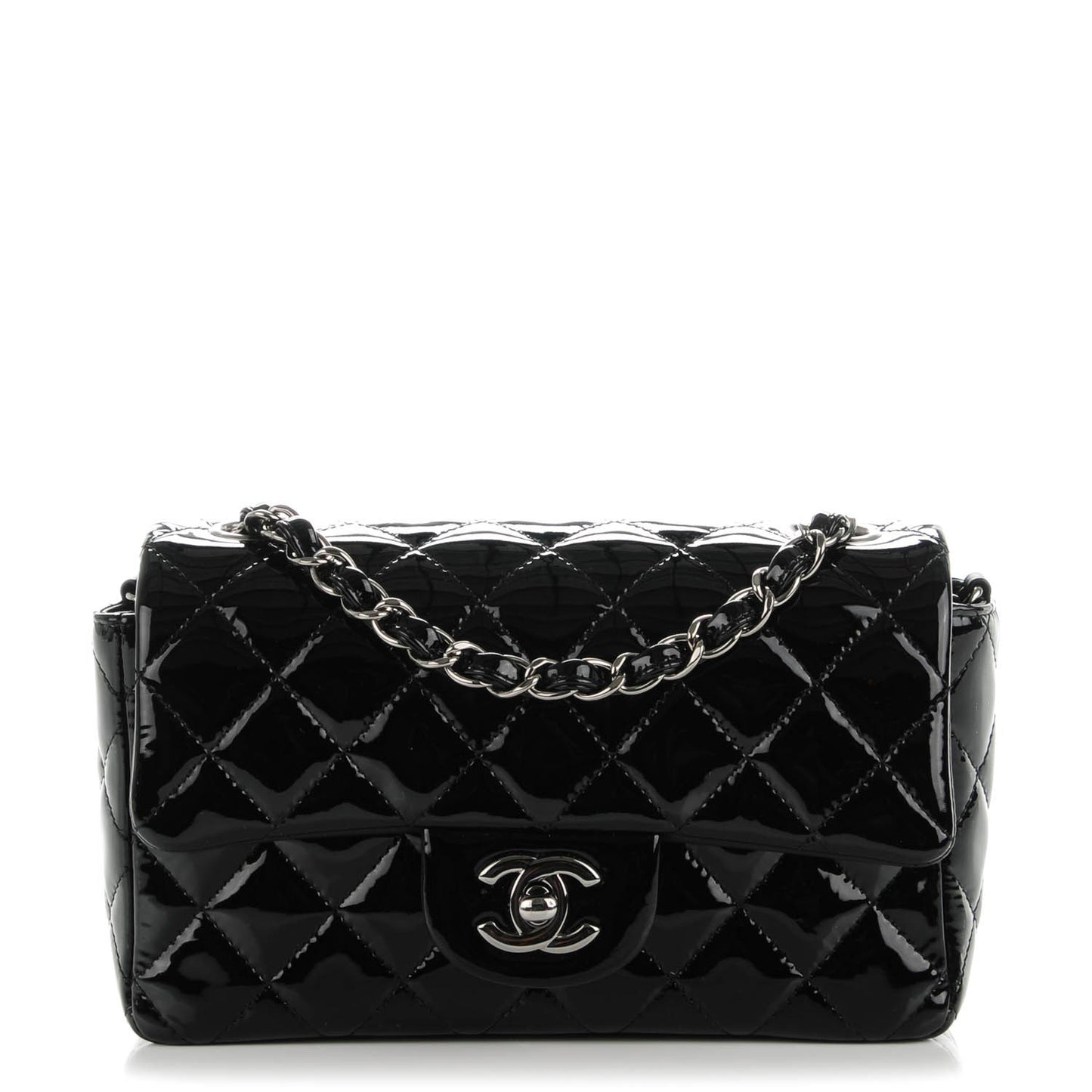 Patent Calfskin Quilted Mini Rectangular Flap Black