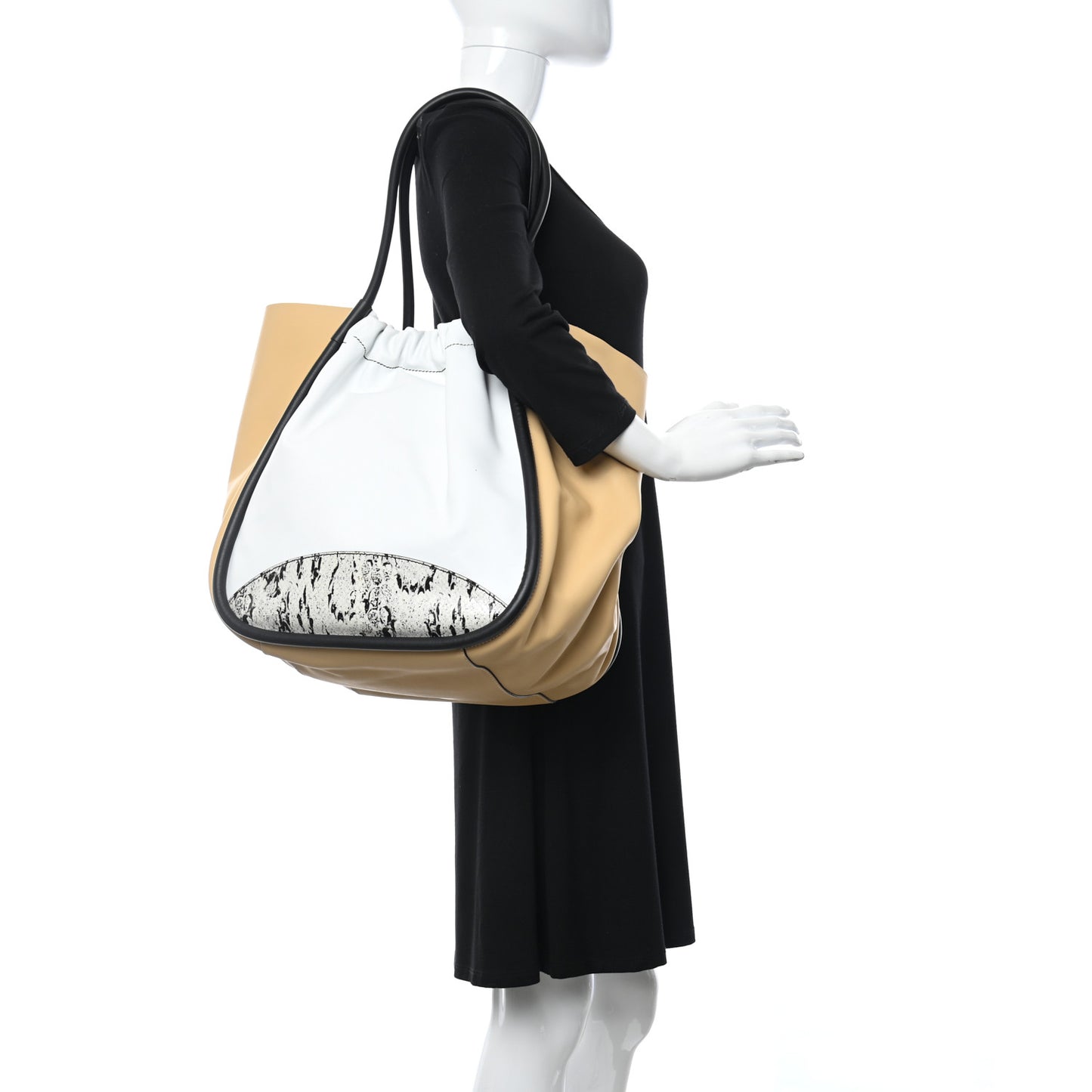Calfskin Snakeskin Embossed XL Ruched Tote Beige White