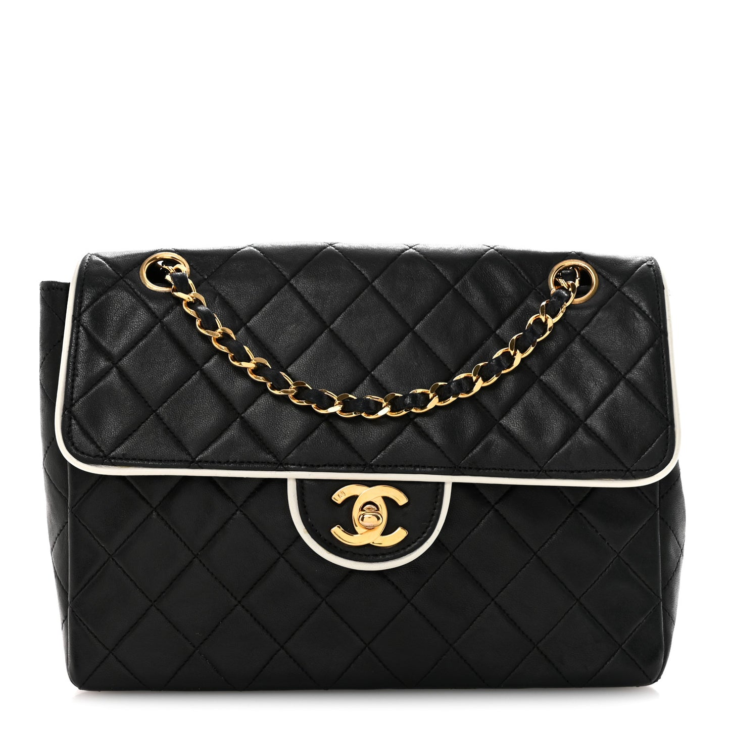Lambskin Quilted Single Flap Black White