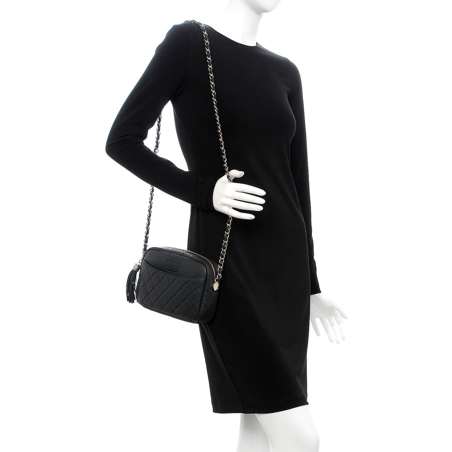 Caviar Quilted Coco Tassel Camera Case Black