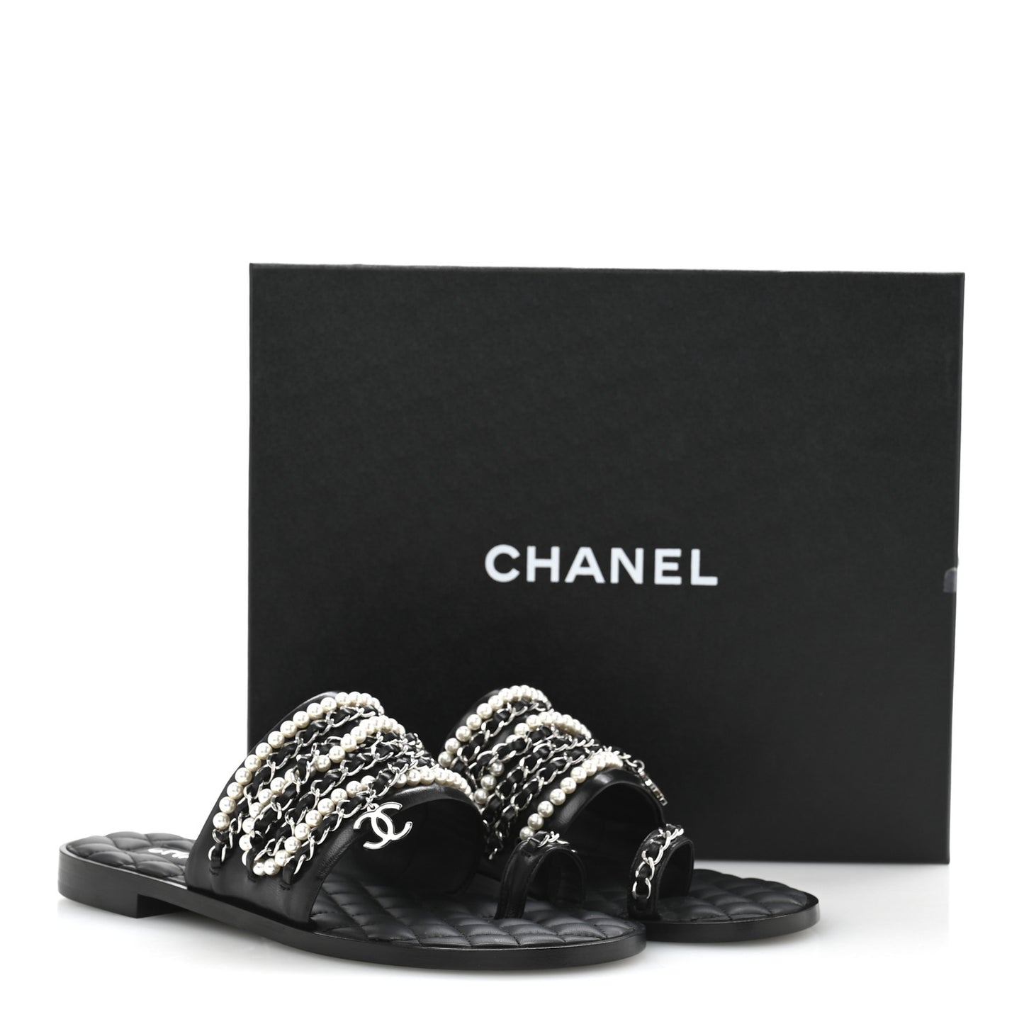 Pearl Lambskin Chain Flat Sandals 38.5 Black