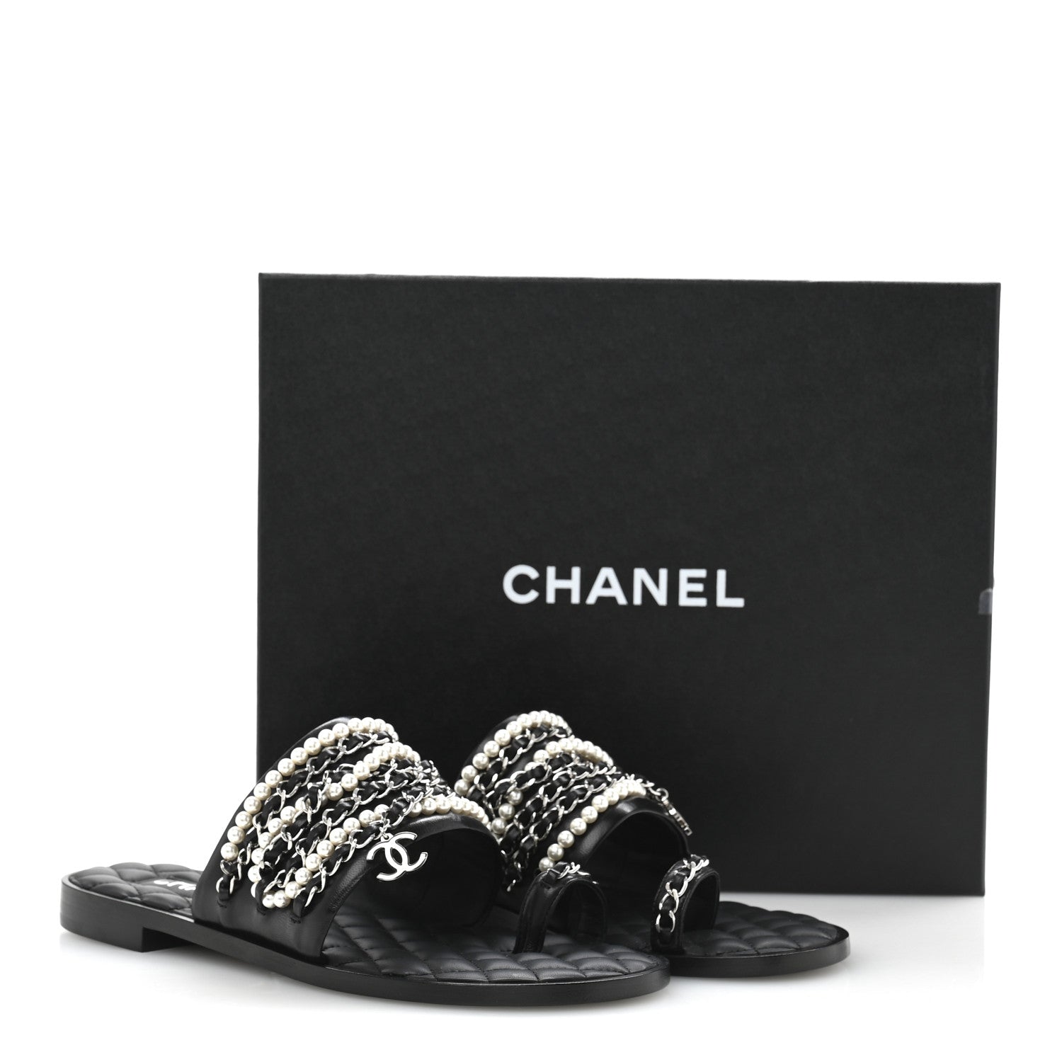 Chanel Pearl Lambskin Chain Flat Sandals 38.5 Black 10 of 10