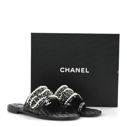 Chanel Pearl Lambskin Chain Flat Sandals 38.5 Black 10 of 10