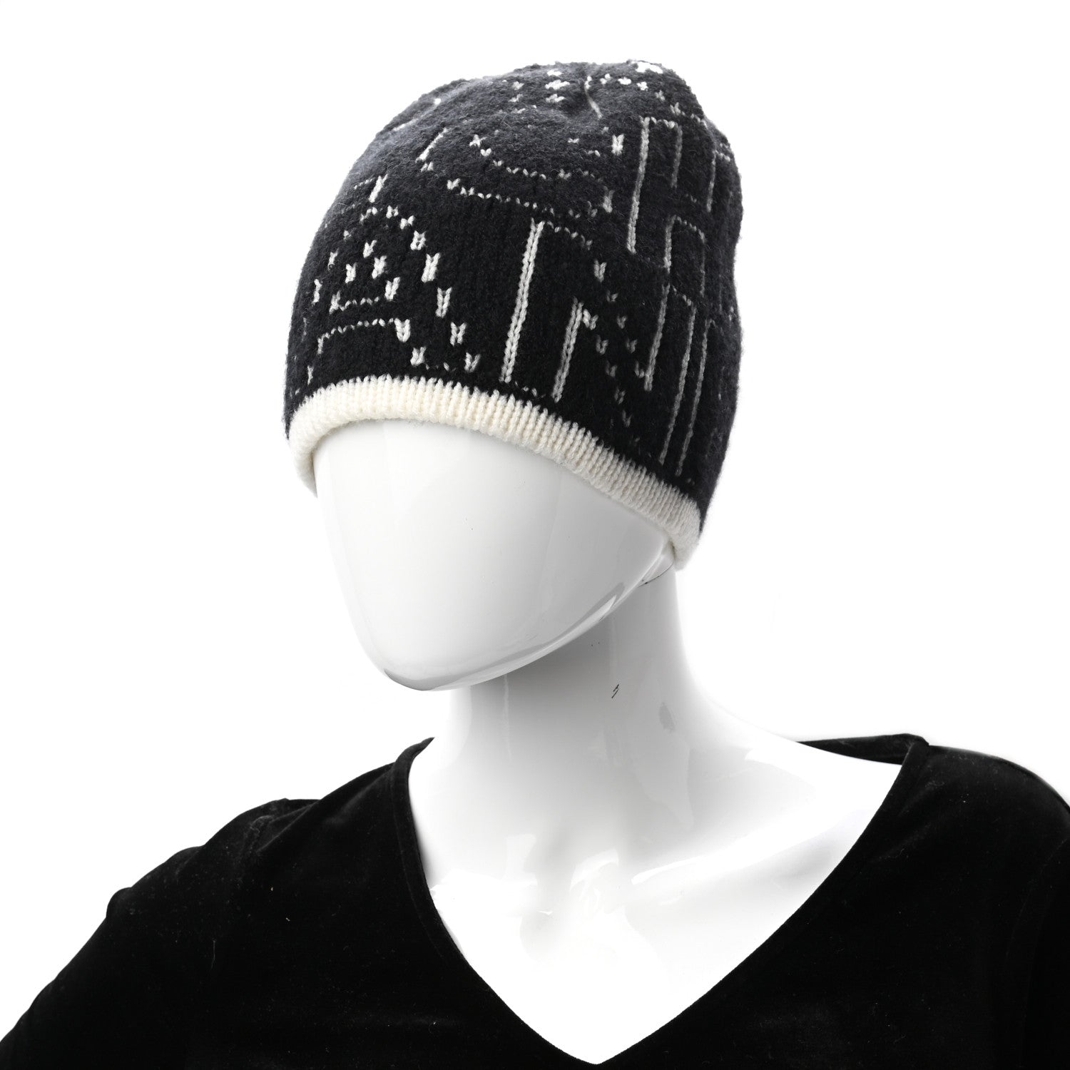 Chanel Cashmere Wool Silk Logo Beanie Hat Black White 2 of 4