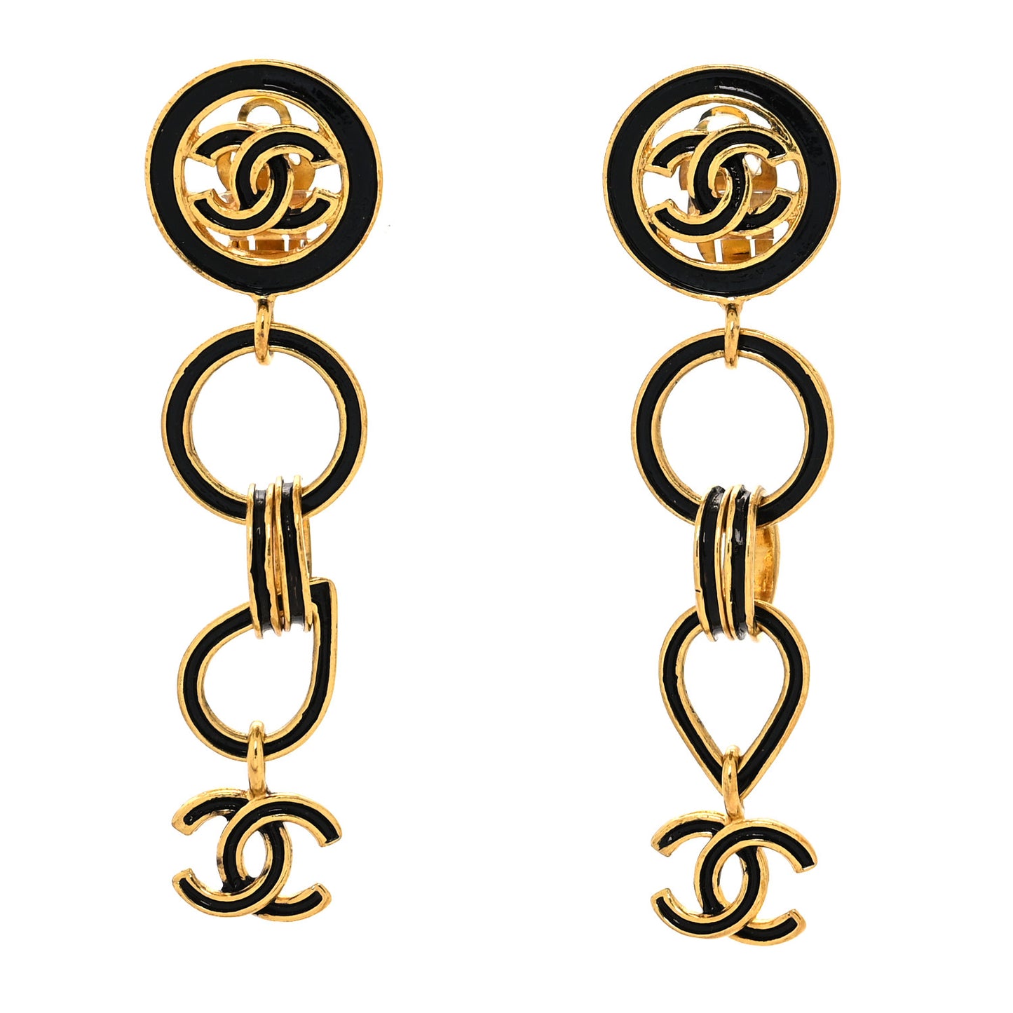 Enamel CC Drop Clip On Earrings Black Gold