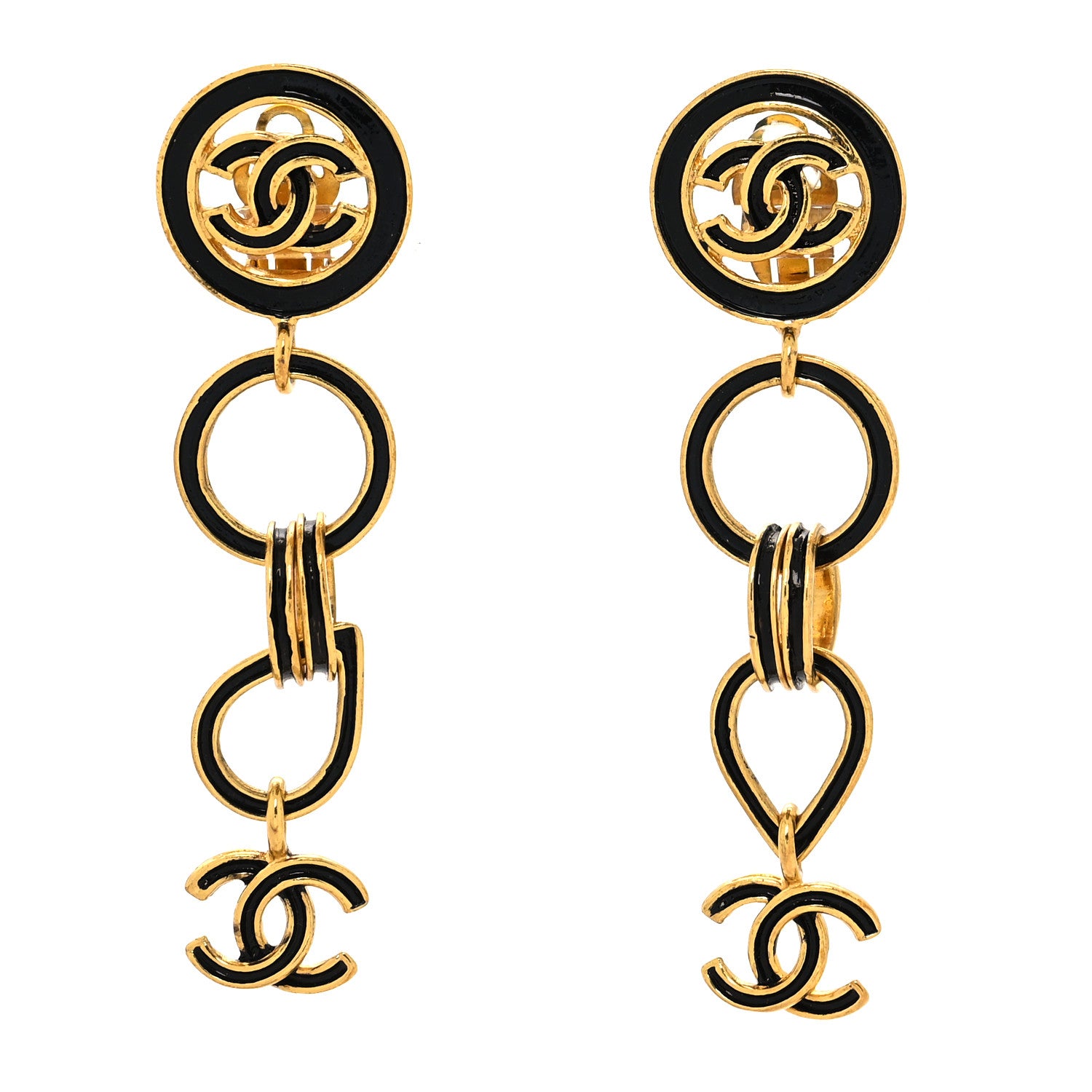 Chanel Enamel CC Drop Clip On Earrings Black Gold 1 of 4