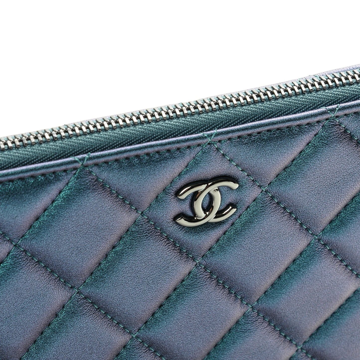 Iridescent Lambskin Quilted Medium Cosmetic Case Turquoise