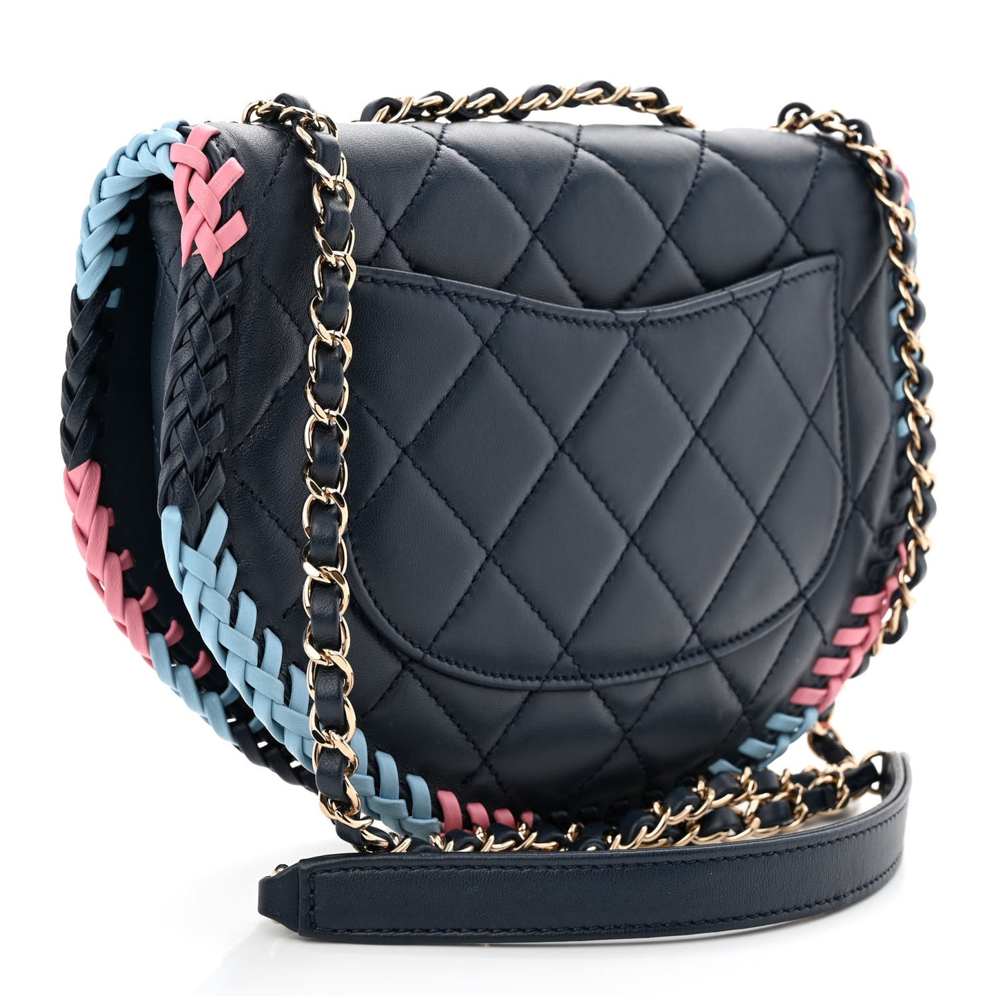 Lambskin Quilted Braided Messenger Flap Navy Multicolor