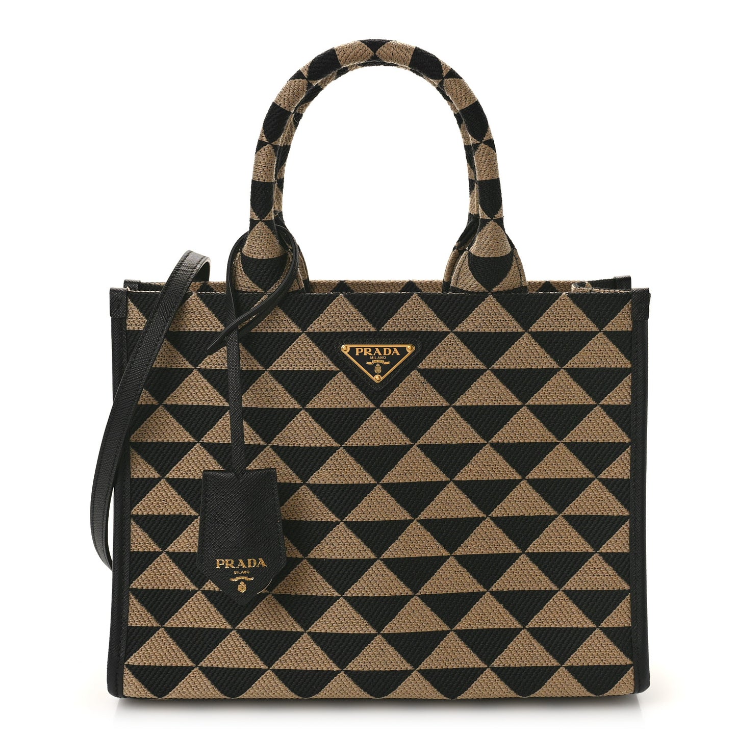 Jacquard Saffiano Triangolo Symbole Embroidered Small Tote Black Corda