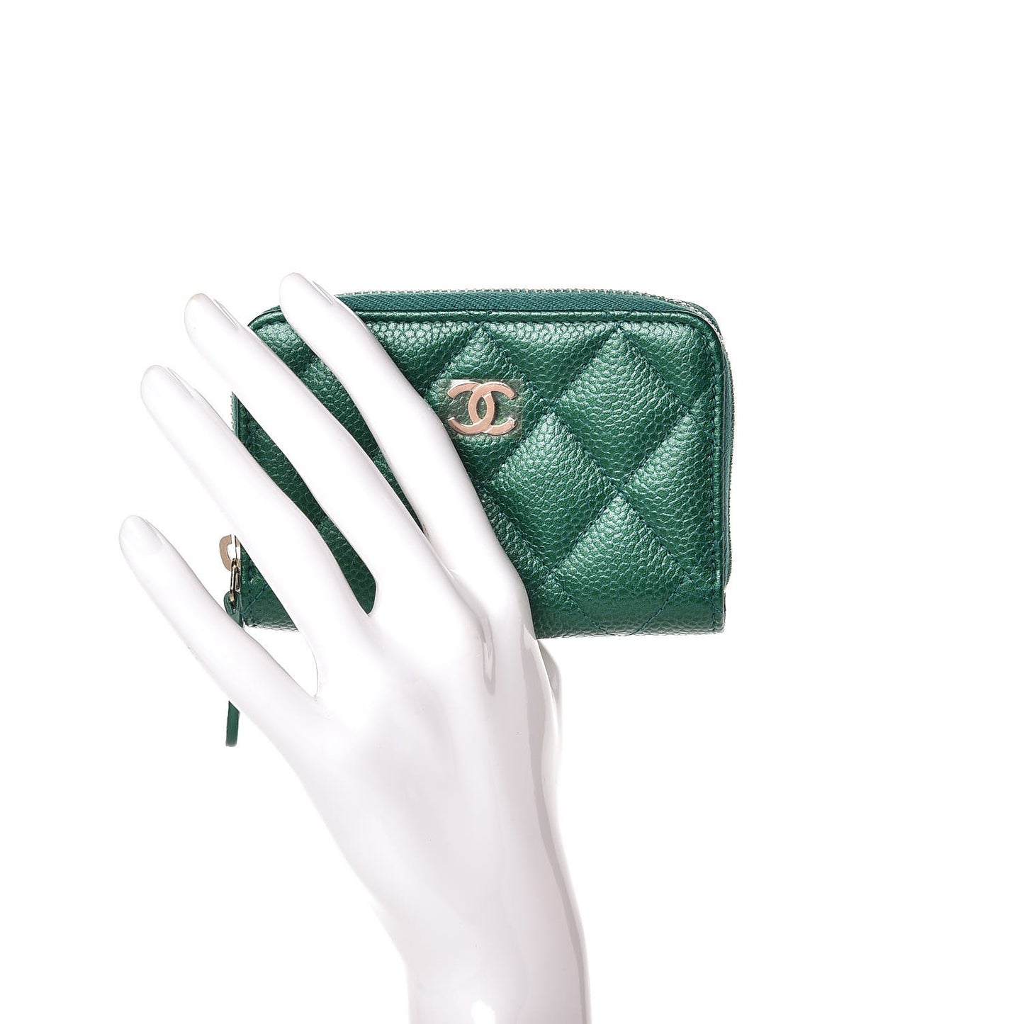 Metallic Caviar Quilted Zip Coin Purse Green