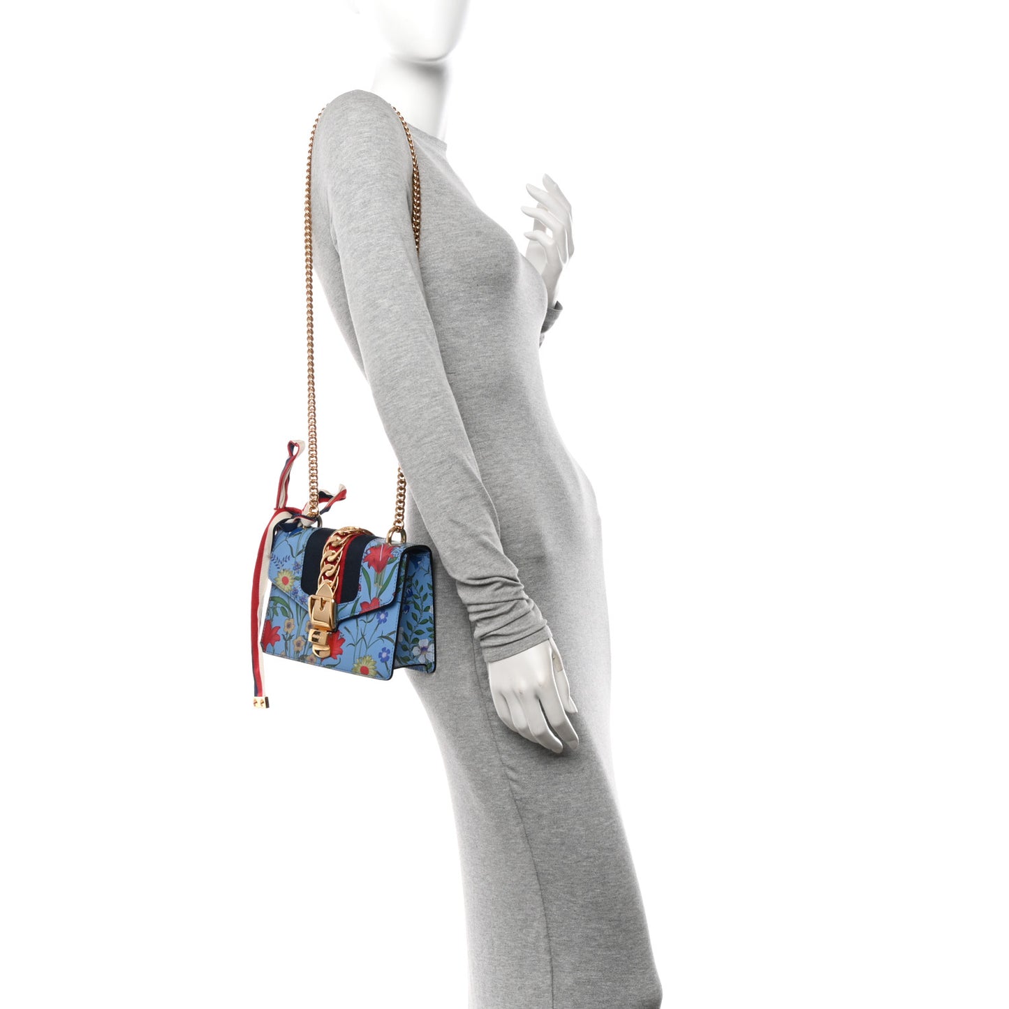 Shangai Calfskin Web New Flora Mini Sylvie Chain Shoulder Bag Azure